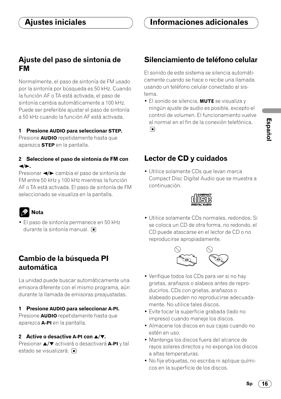 Informaciones adicionales, Ajustes iniciales informaciones adicionales, Ajuste del paso de sintonía de fm | Cambio de la búsqueda pi automática, Silenciamiento de teléfono celular, Lector de cd y cuidados | Pioneer DEH-1400RB User Manual | Page 35 / 112