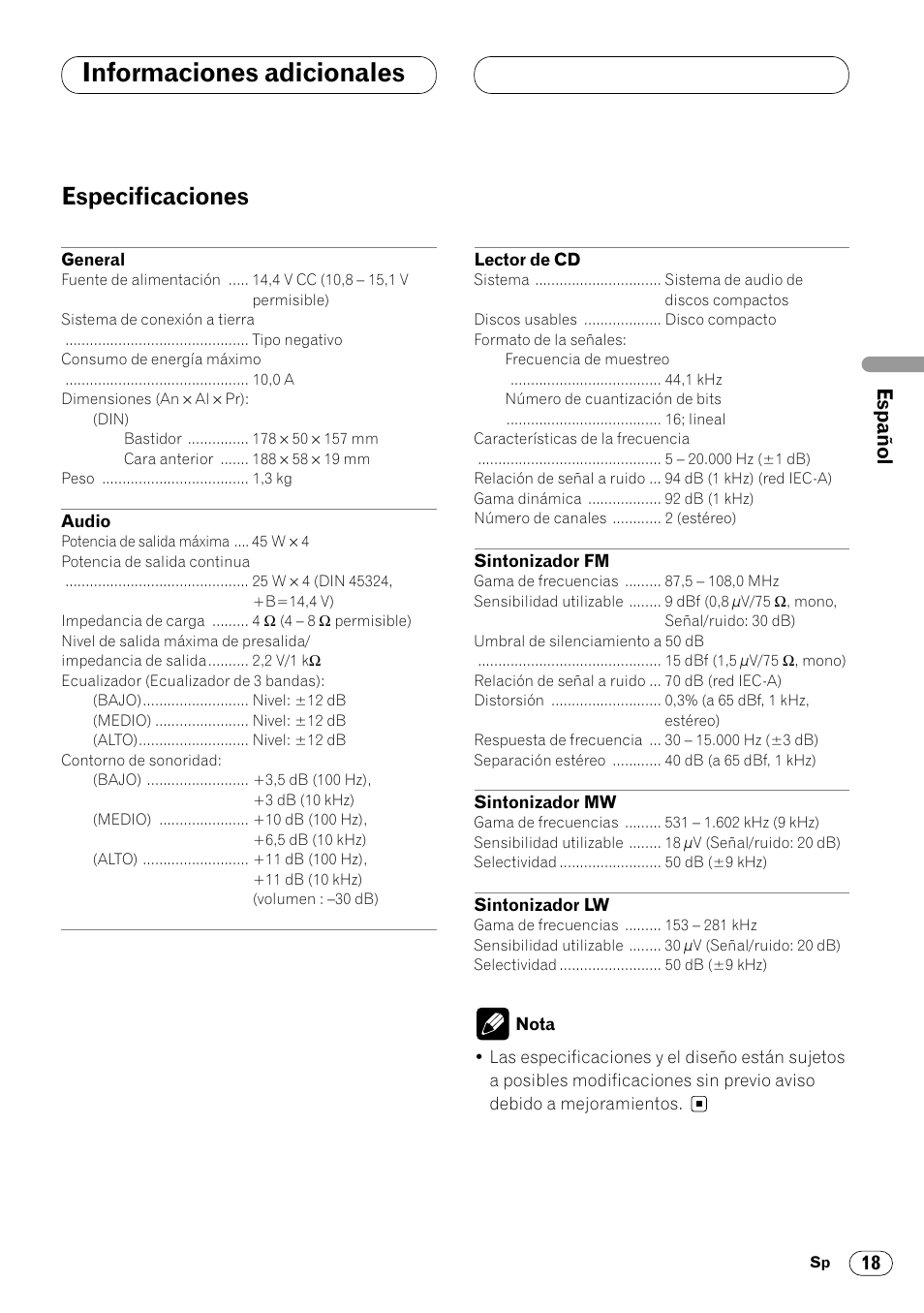 Especificaciones 18, Informaciones adicionales, Especificaciones | Pioneer DEH-1400RB User Manual | Page 37 / 112