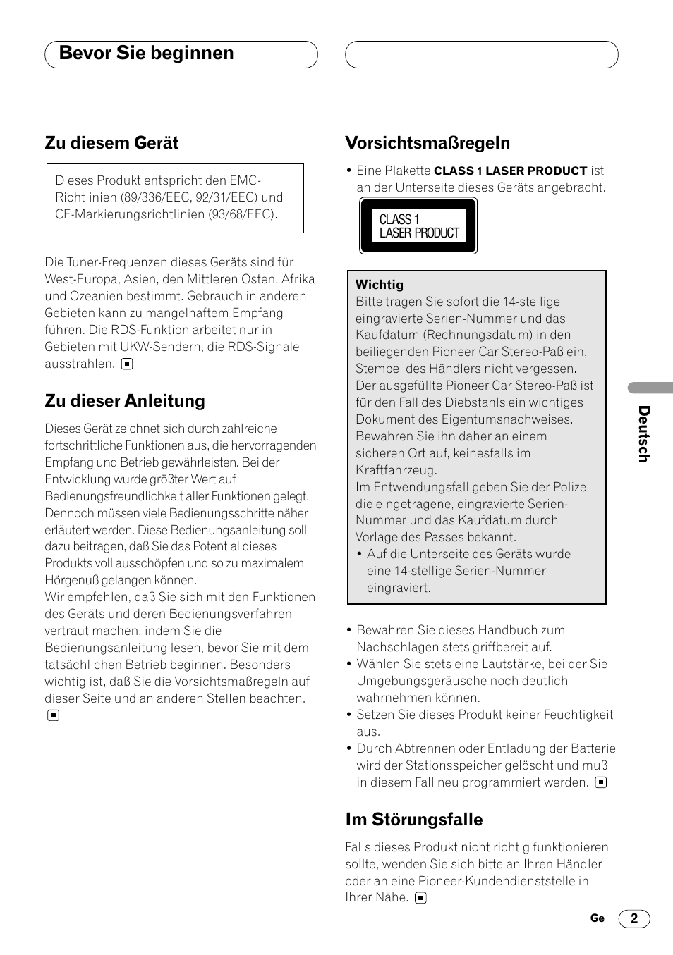 Bevor sie beginnen, Zu diesem gerät, Zu dieser anleitung | Vorsichtsmaßregeln, Im störungsfalle | Pioneer DEH-1400RB User Manual | Page 39 / 112