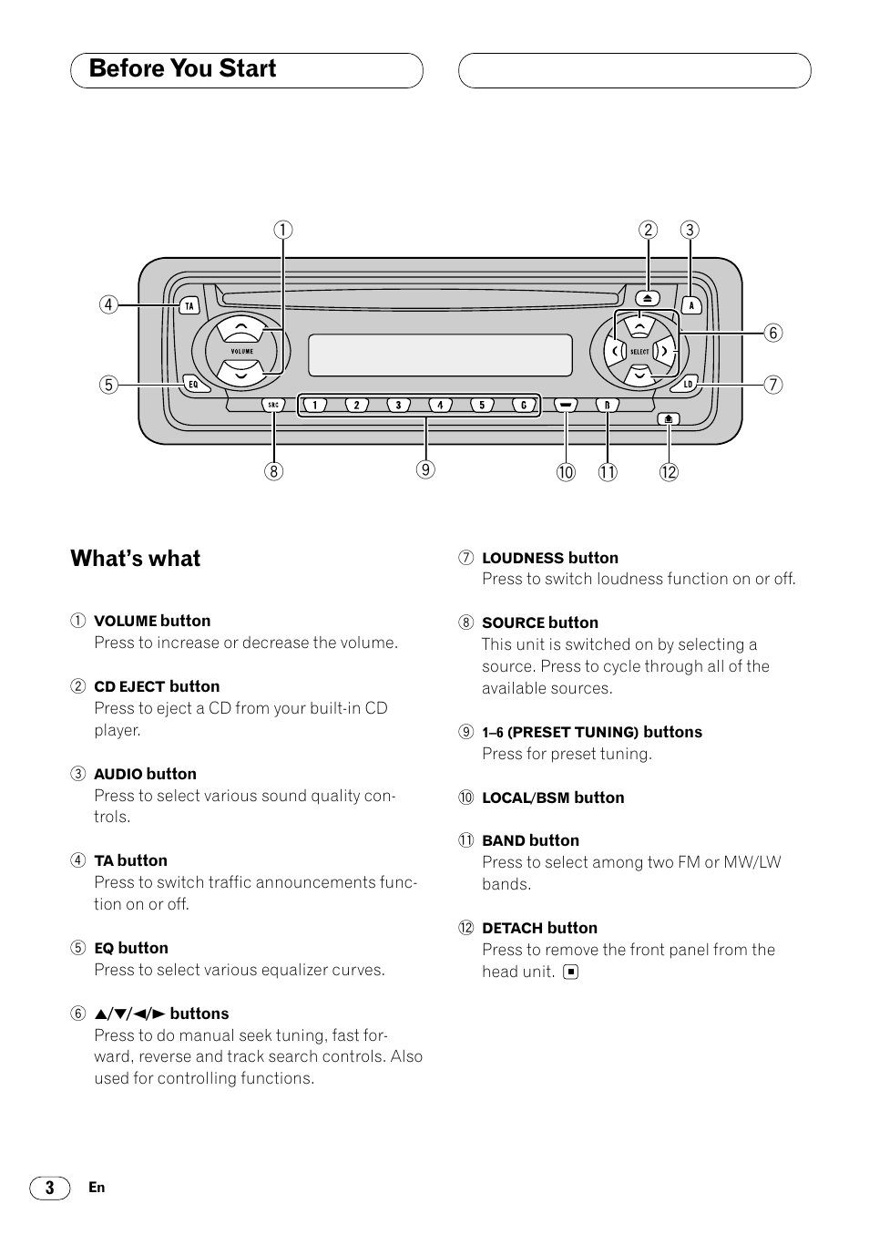 What’s what 3, Before you start, What’s what | Pioneer DEH-1400RB User Manual | Page 4 / 112