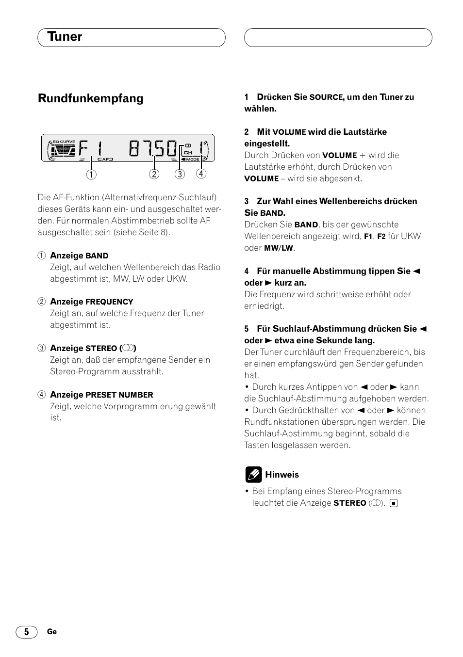 Tuner, Rundfunkempfang 5, Rundfunkempfang | Pioneer DEH-1400RB User Manual | Page 42 / 112