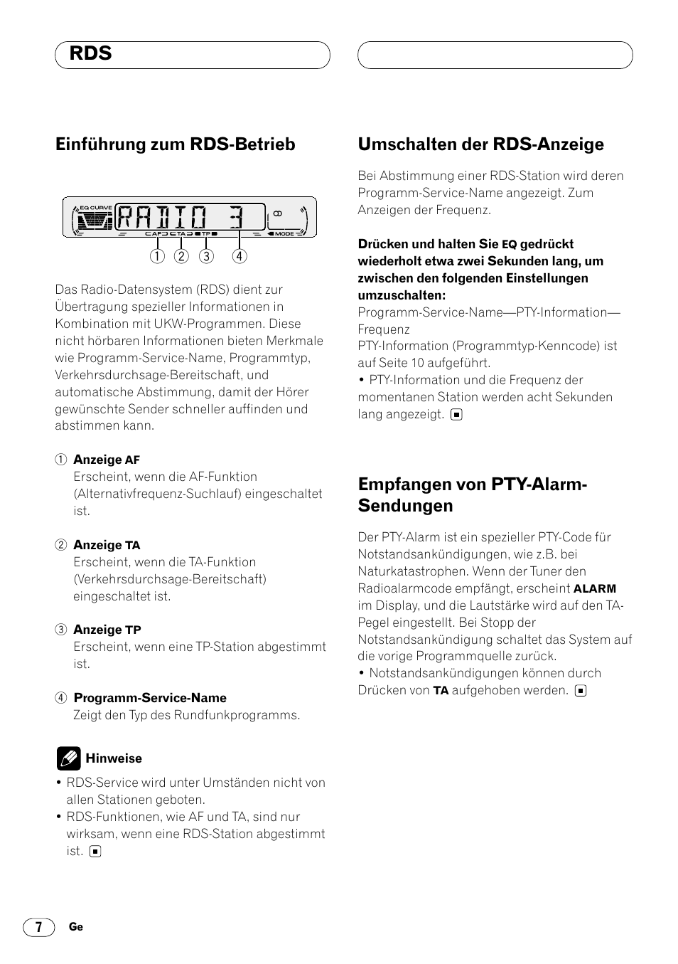 Einführung zum rds-betrieb, Umschalten der rds-anzeige, Empfangen von pty-alarm- sendungen | Pioneer DEH-1400RB User Manual | Page 44 / 112