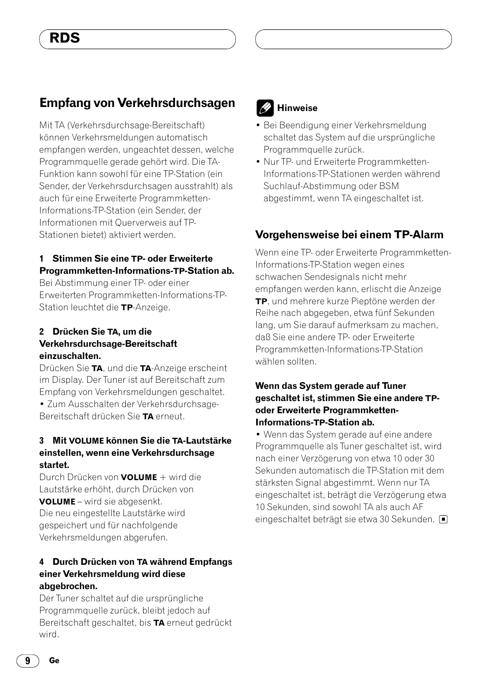 Empfang von verkehrsdurchsagen 9, Vorgehensweise bei einem tp-alarm 9, Empfang von verkehrsdurchsagen | Vorgehensweise bei einem tp-alarm | Pioneer DEH-1400RB User Manual | Page 46 / 112