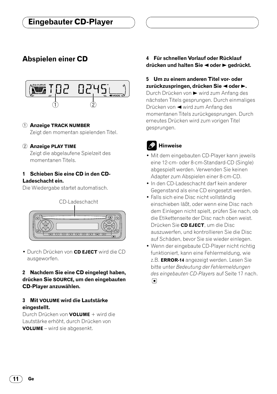 Eingebauter cd-player, Abspielen einer cd 11, Abspielen einer cd | Pioneer DEH-1400RB User Manual | Page 48 / 112