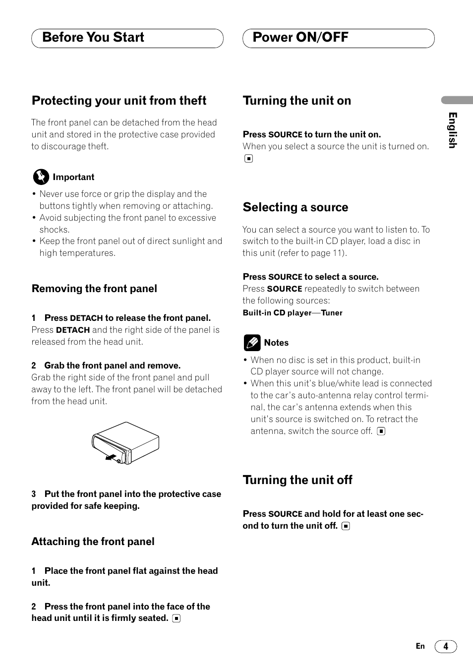 Protecting your unit from theft 4, Power on/off, Before you start power on/off | Protecting your unit from theft, Turning the unit on, Selecting a source, Turning the unit off | Pioneer DEH-1400RB User Manual | Page 5 / 112