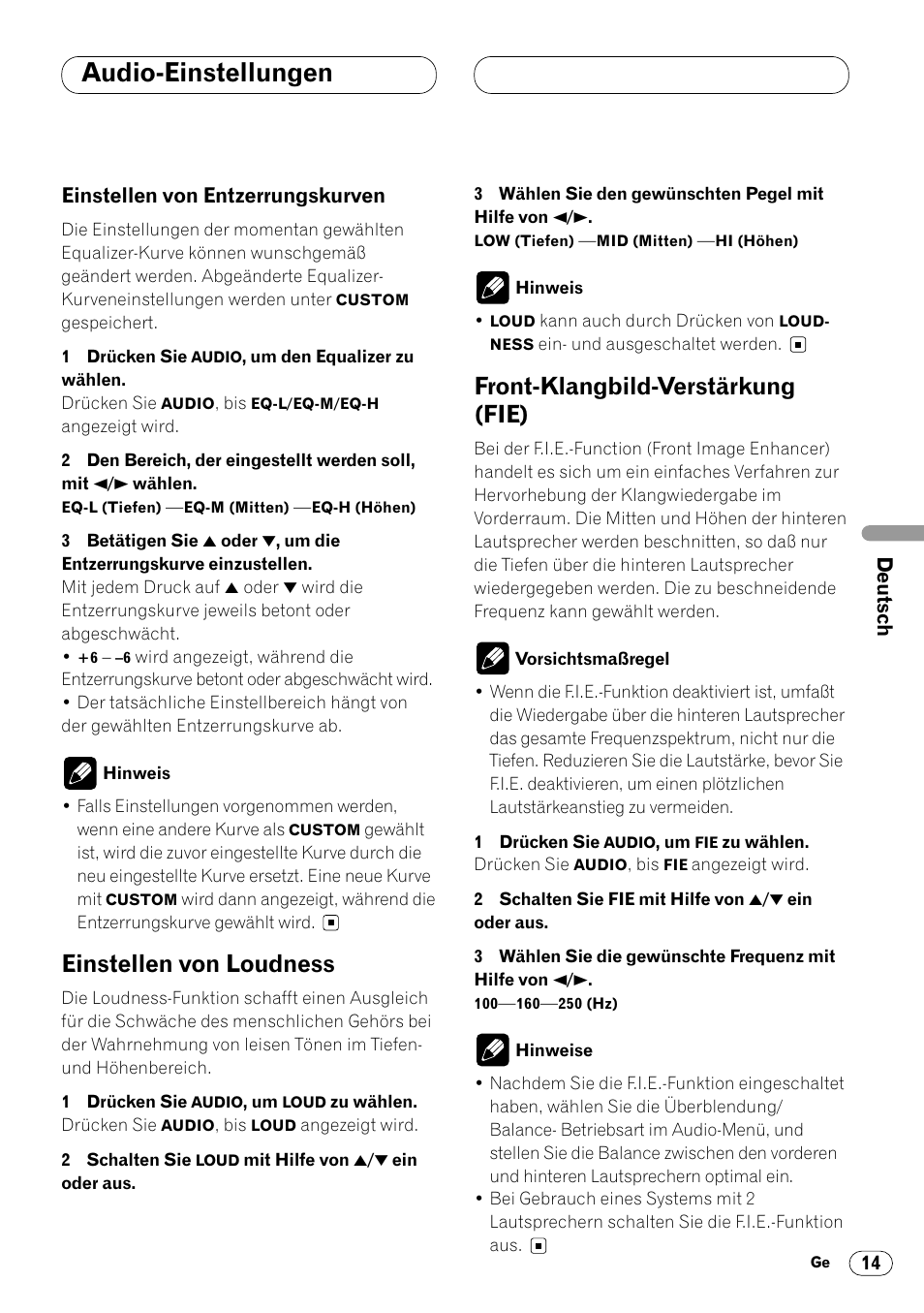 Einstellen von entzerrungskurven 14, Audio-einstellungen, Einstellen von loudness | Front-klangbild-verstärkung (fie) | Pioneer DEH-1400RB User Manual | Page 51 / 112