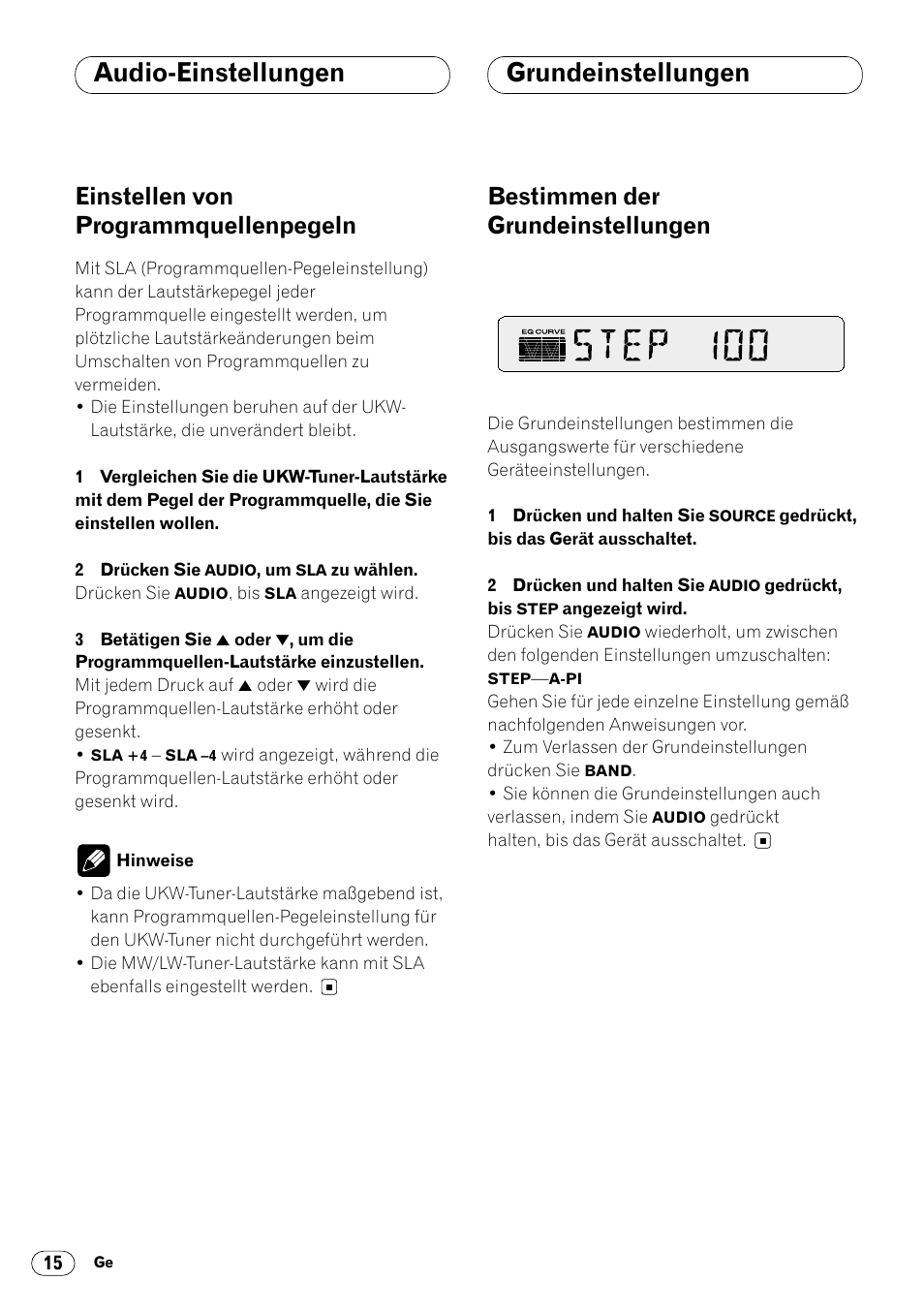 Einstellen von programmquellenpegeln 15, Grundeinstellungen, Bestimmen der grundeinstellungen 15 | Audio-einstellungen, Einstellen von programmquellenpegeln, Bestimmen der grundeinstellungen | Pioneer DEH-1400RB User Manual | Page 52 / 112