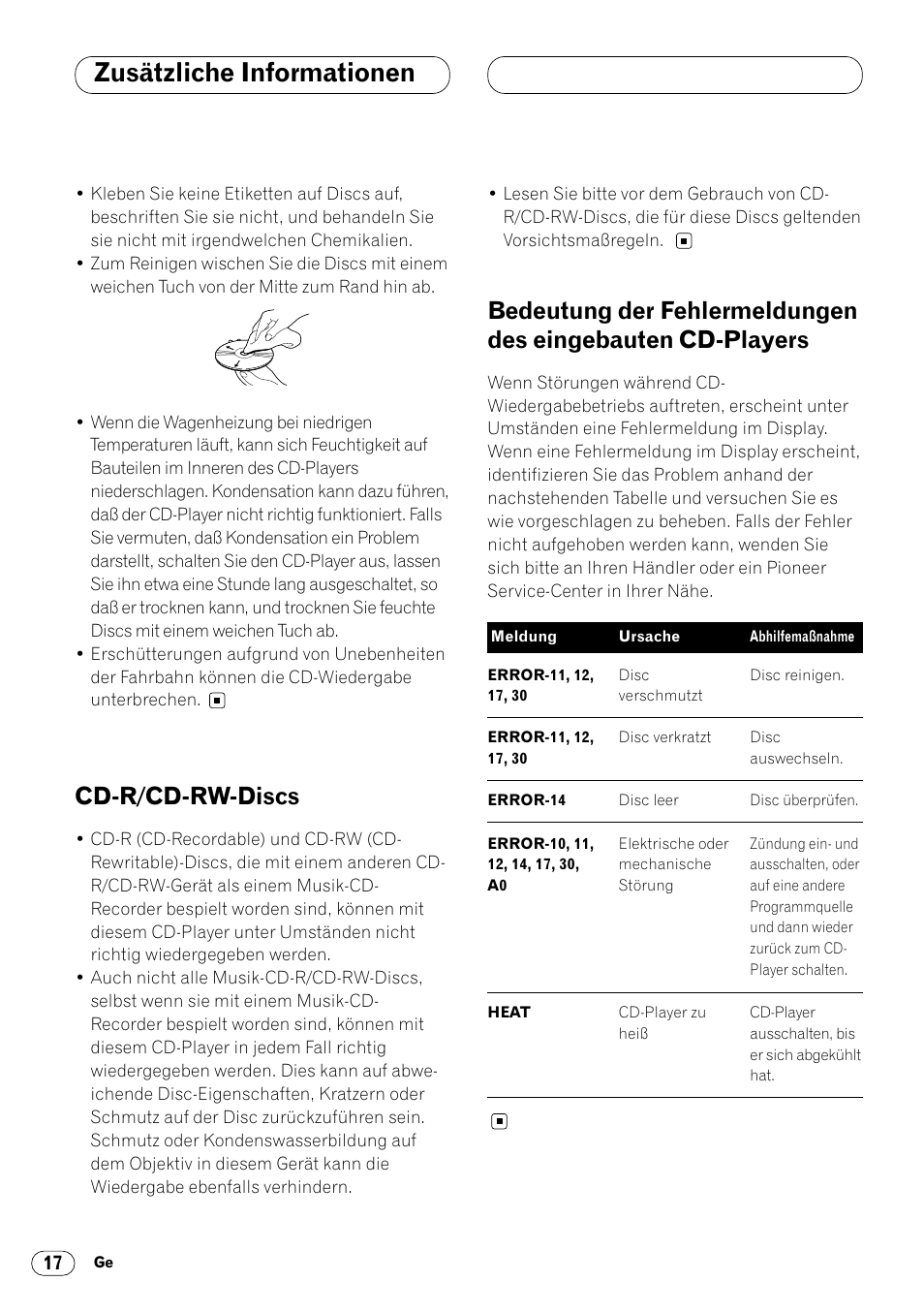 Eingebauten cd-players 17, Zusätzliche informationen, Cd-r/cd-rw-discs | Pioneer DEH-1400RB User Manual | Page 54 / 112