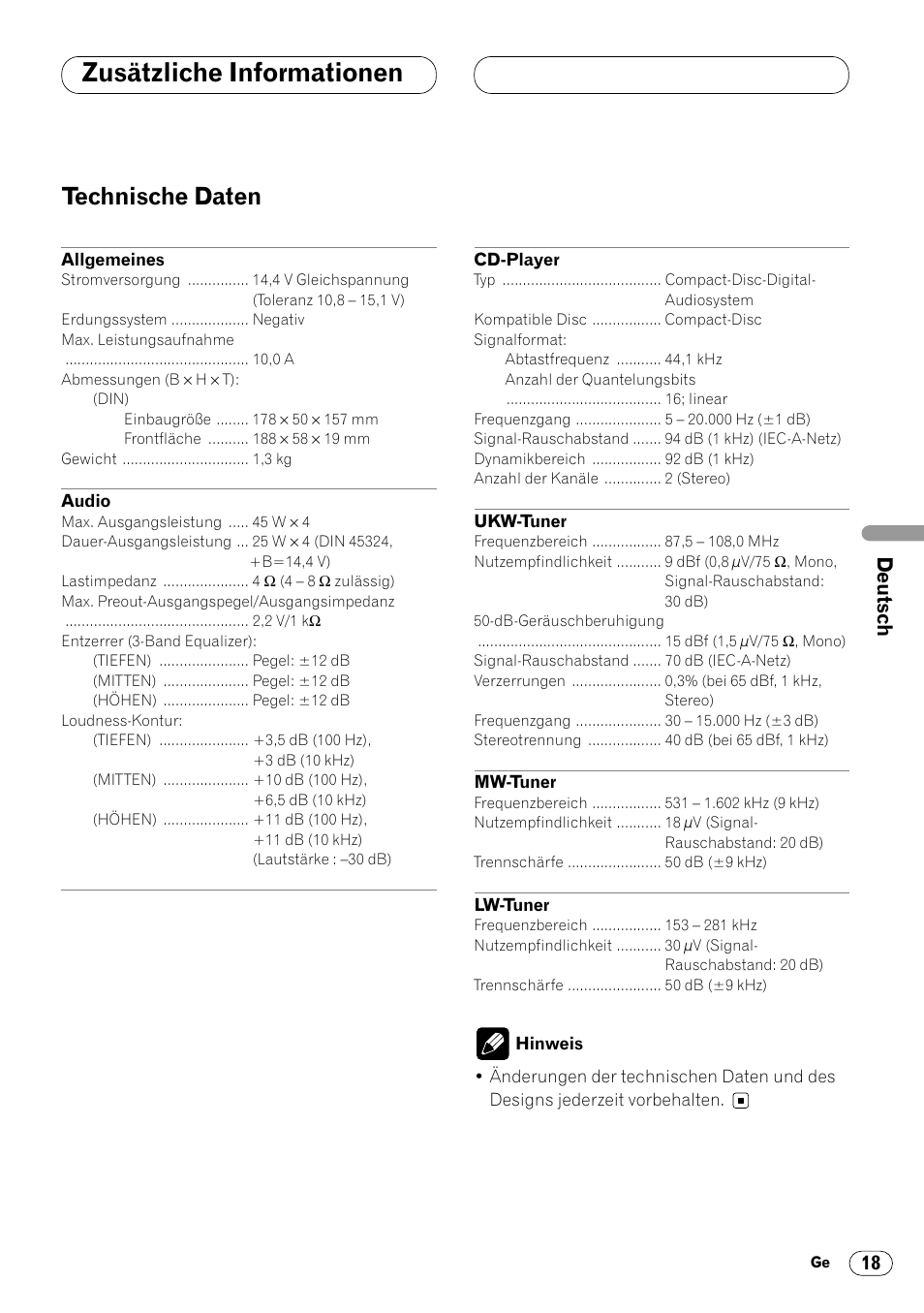 Technische daten 18, Zusätzliche informationen, Technische daten | Pioneer DEH-1400RB User Manual | Page 55 / 112