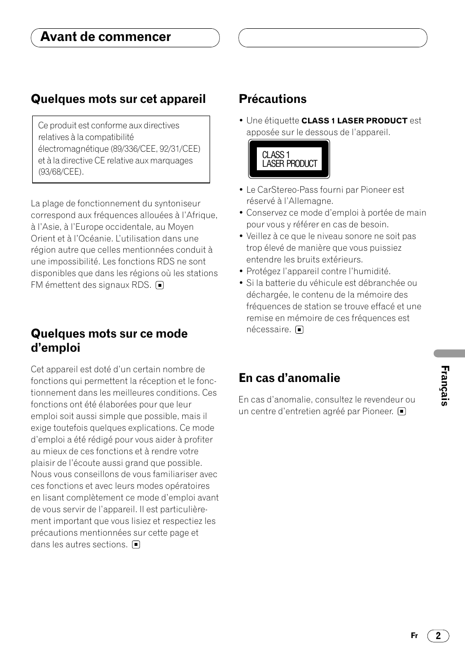 Avant de commencer, Quelques mots sur cet appareil, Quelques mots sur ce mode d’emploi | Précautions, En cas d’anomalie | Pioneer DEH-1400RB User Manual | Page 57 / 112