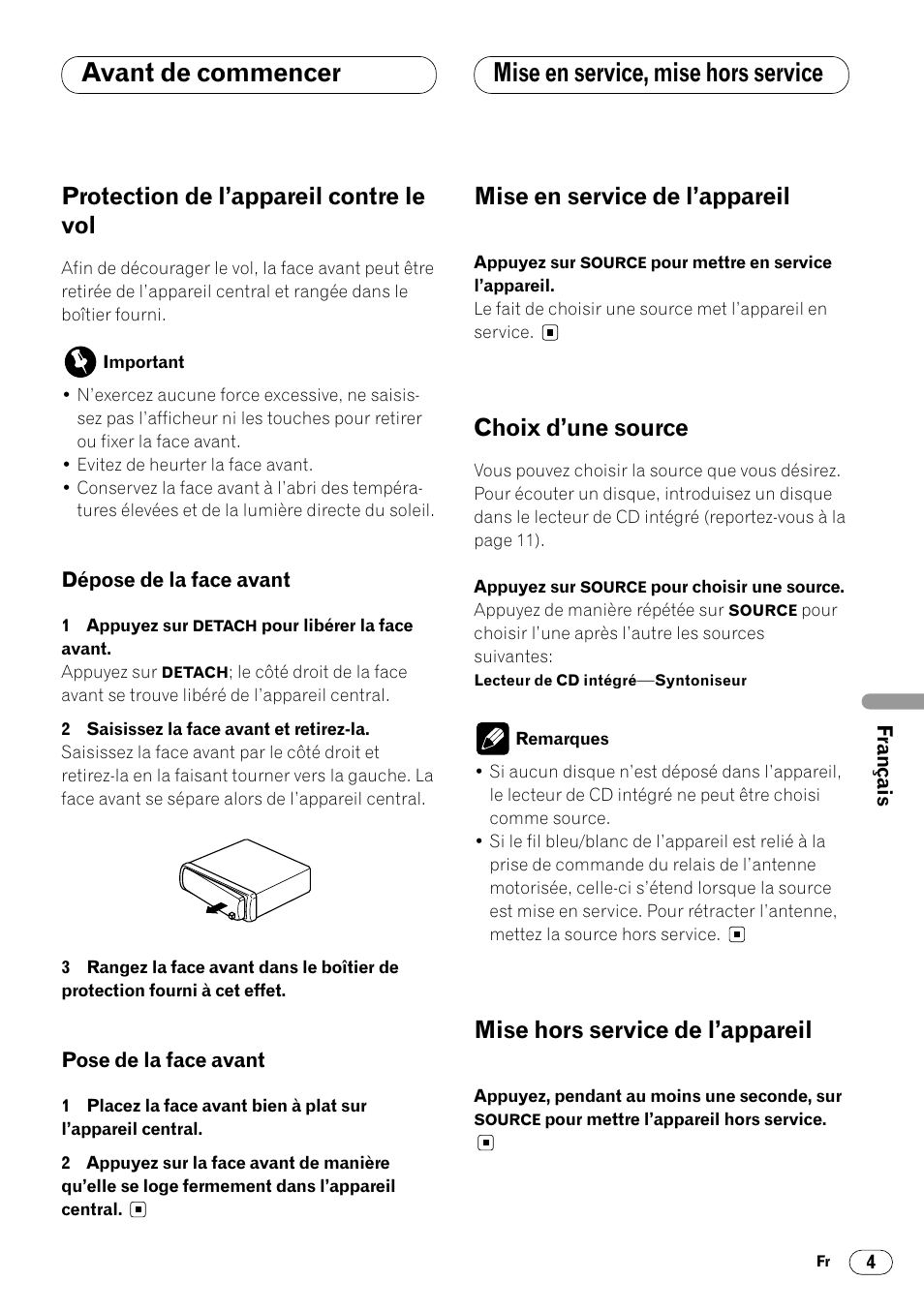 Protection de l’appareil contre le vol 4, Mise en service, mise hors service, Protection de l’appareil contre le vol | Mise en service de l’appareil, Choix d’une source, Mise hors service de l’appareil | Pioneer DEH-1400RB User Manual | Page 59 / 112