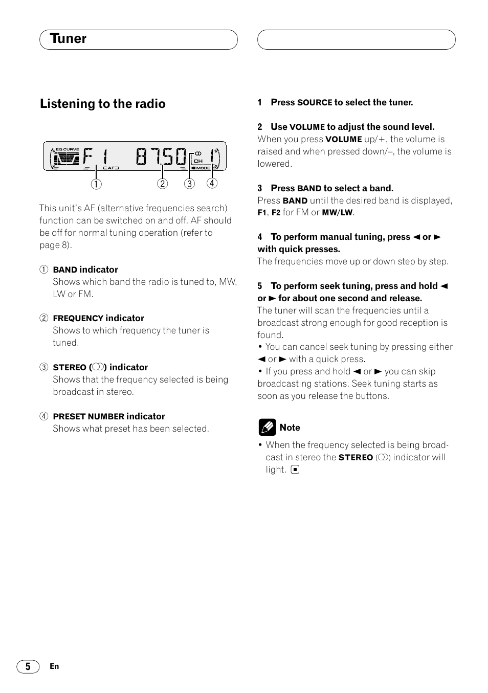 Tuner, Listening to the radio 5, Listening to the radio | Pioneer DEH-1400RB User Manual | Page 6 / 112