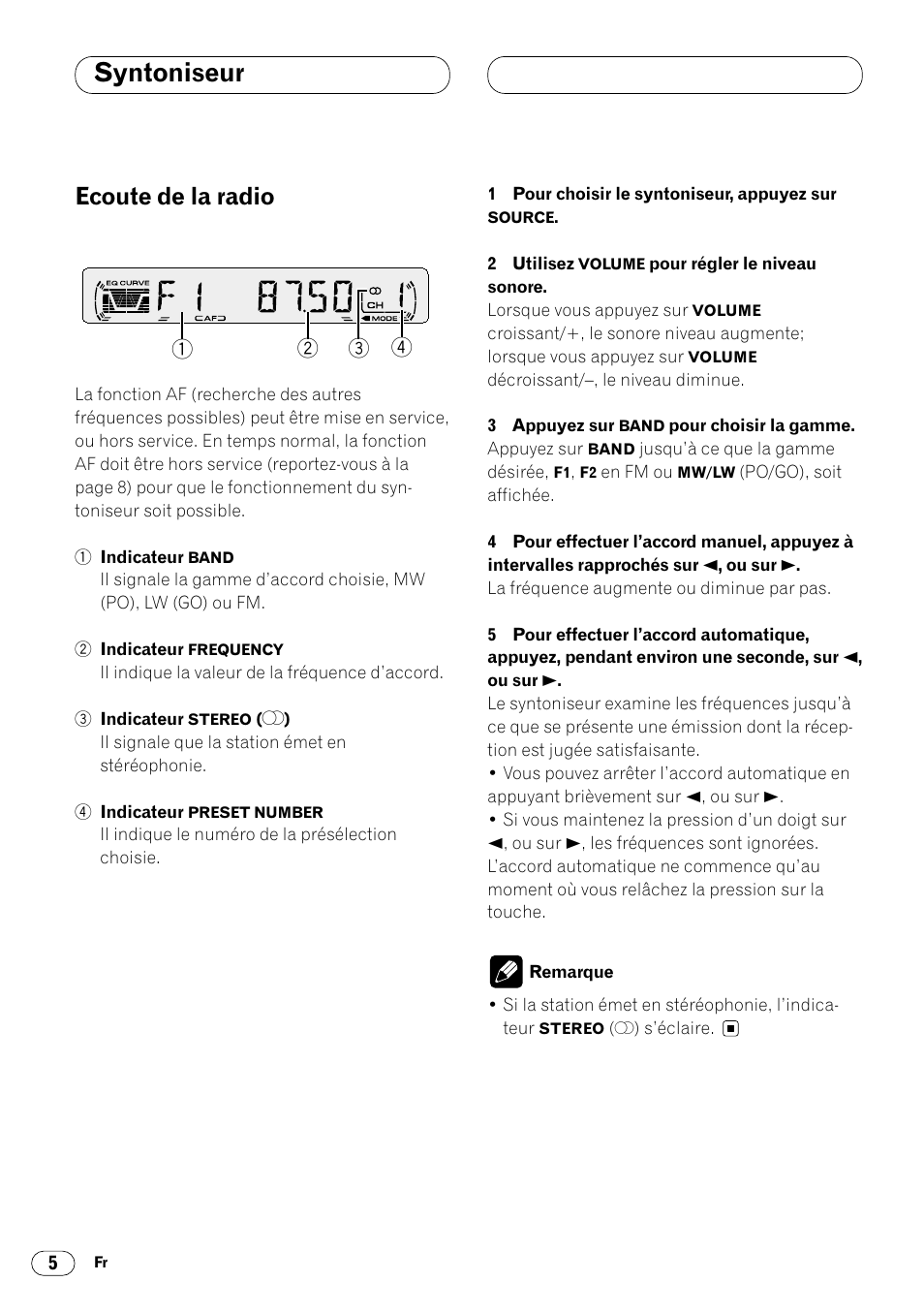 Syntoniseur, Ecoute de la radio 5, Ecoute de la radio | Pioneer DEH-1400RB User Manual | Page 60 / 112
