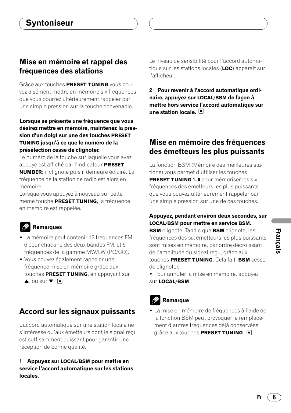 Mise en mémoire et rappel des fréquences, Des stations 6, Émetteurs les plus puissants 6 | Syntoniseur, Accord sur les signaux puissants | Pioneer DEH-1400RB User Manual | Page 61 / 112