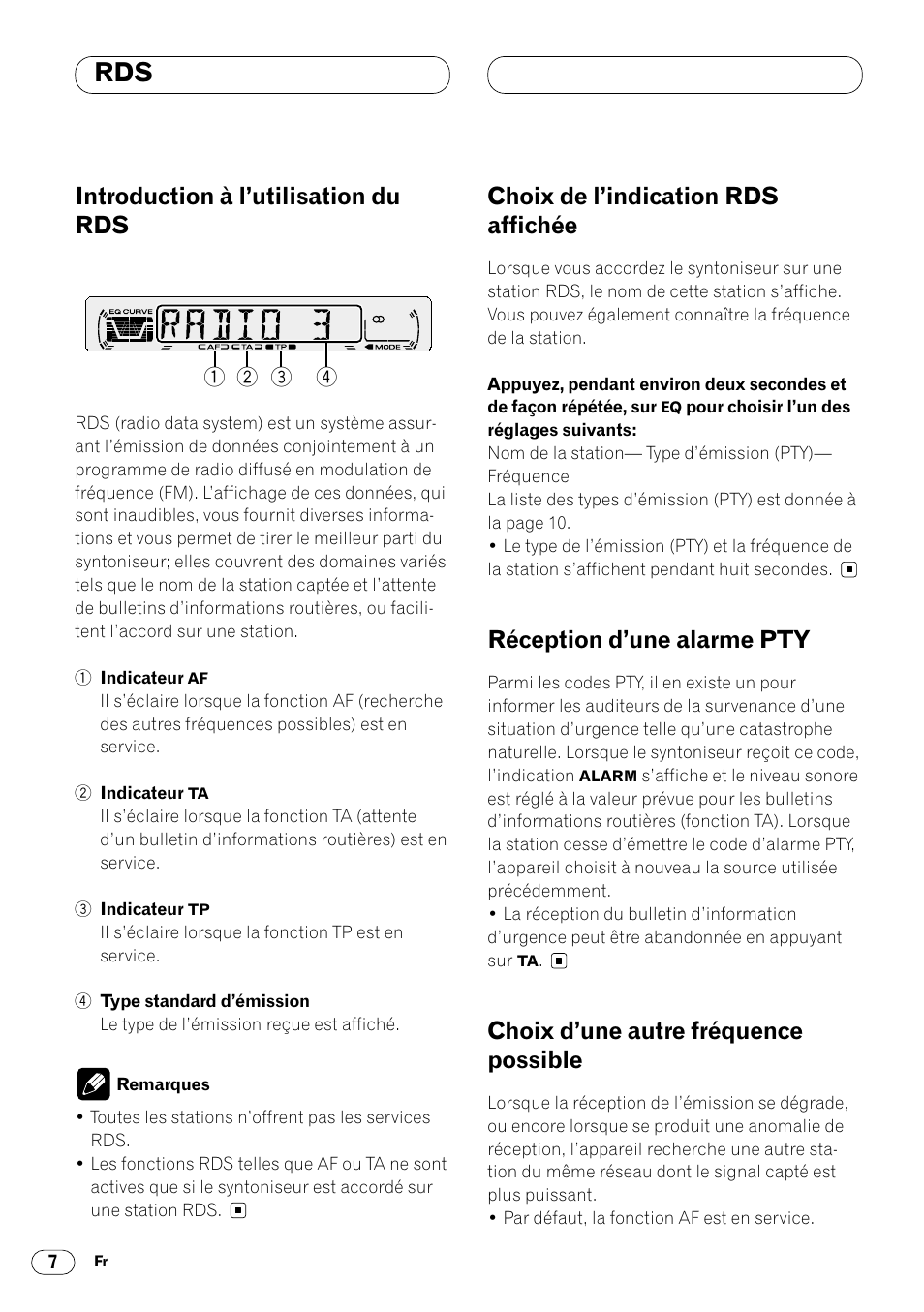 Introduction à l’utilisation du rds, Choix de l’indication rds affichée, Réception d’une alarme pty | Choix d’une autre fréquence possible | Pioneer DEH-1400RB User Manual | Page 62 / 112