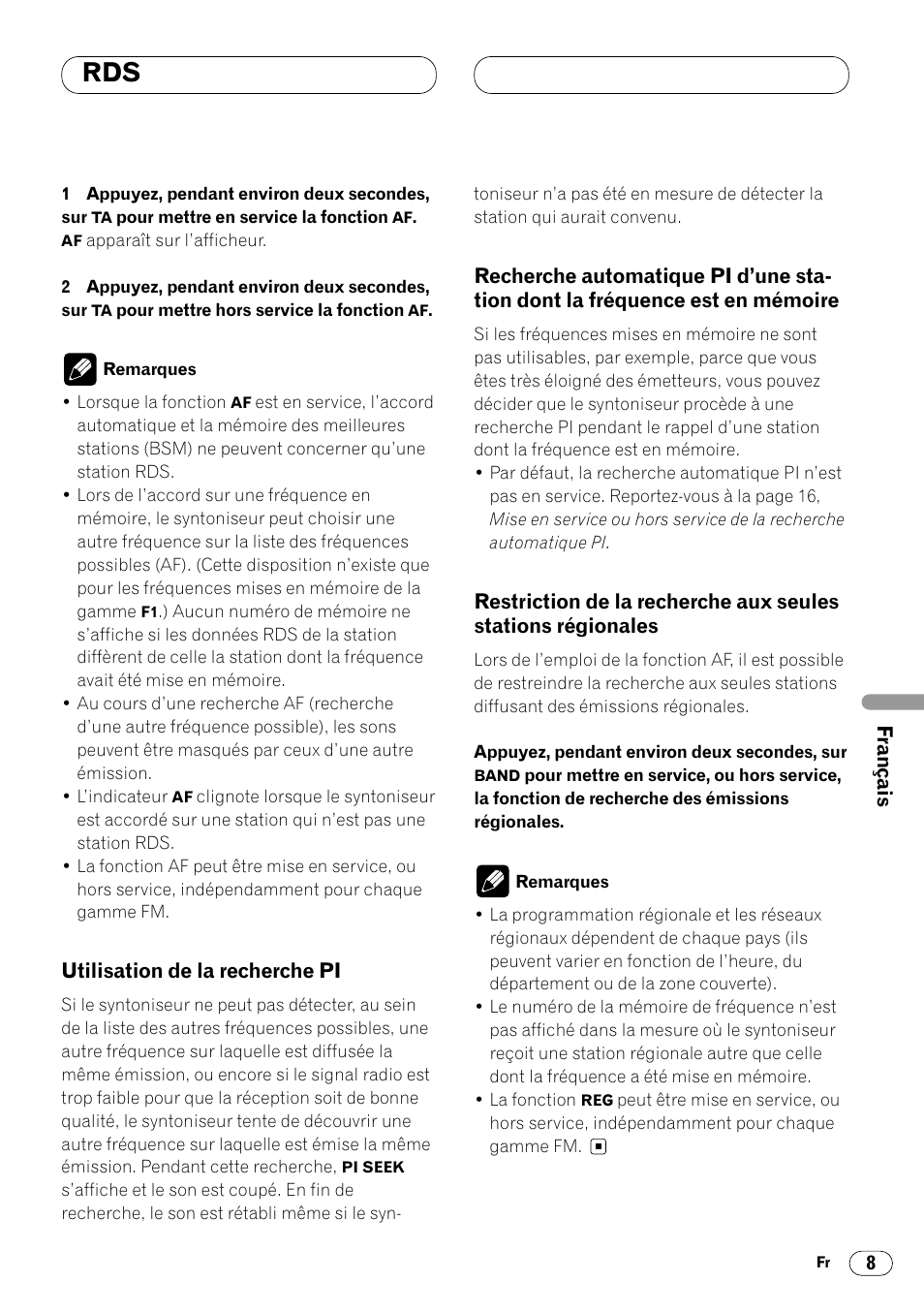 Station dont la fréquence est en mémoire 8, Restriction de la recherche aux seules, Stations régionales 8 | Pioneer DEH-1400RB User Manual | Page 63 / 112