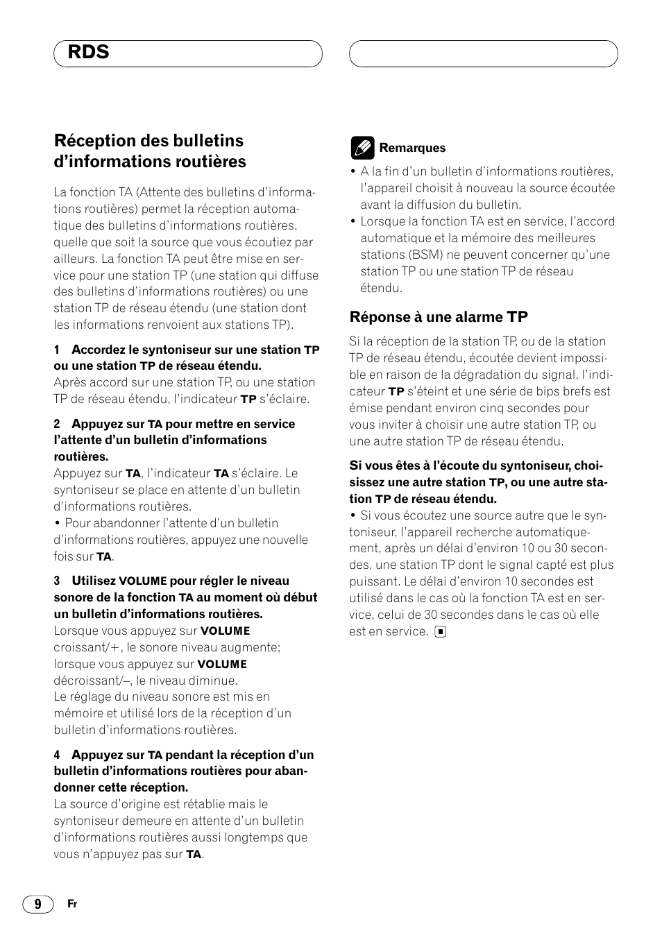 Réception des bulletins d’informations, Routières 9 • réponse à une alarme tp 9, Réception des bulletins d’informations routières | Réponse à une alarme tp | Pioneer DEH-1400RB User Manual | Page 64 / 112