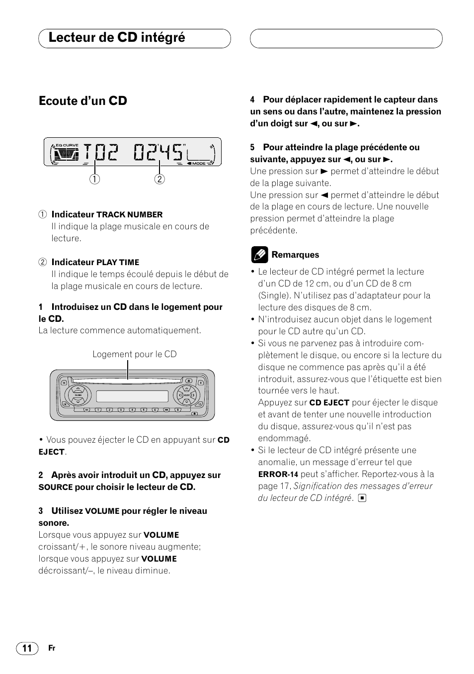 Lecteur de cd intégré, Ecoute d’un cd 11, Ecoute d’un cd | Pioneer DEH-1400RB User Manual | Page 66 / 112