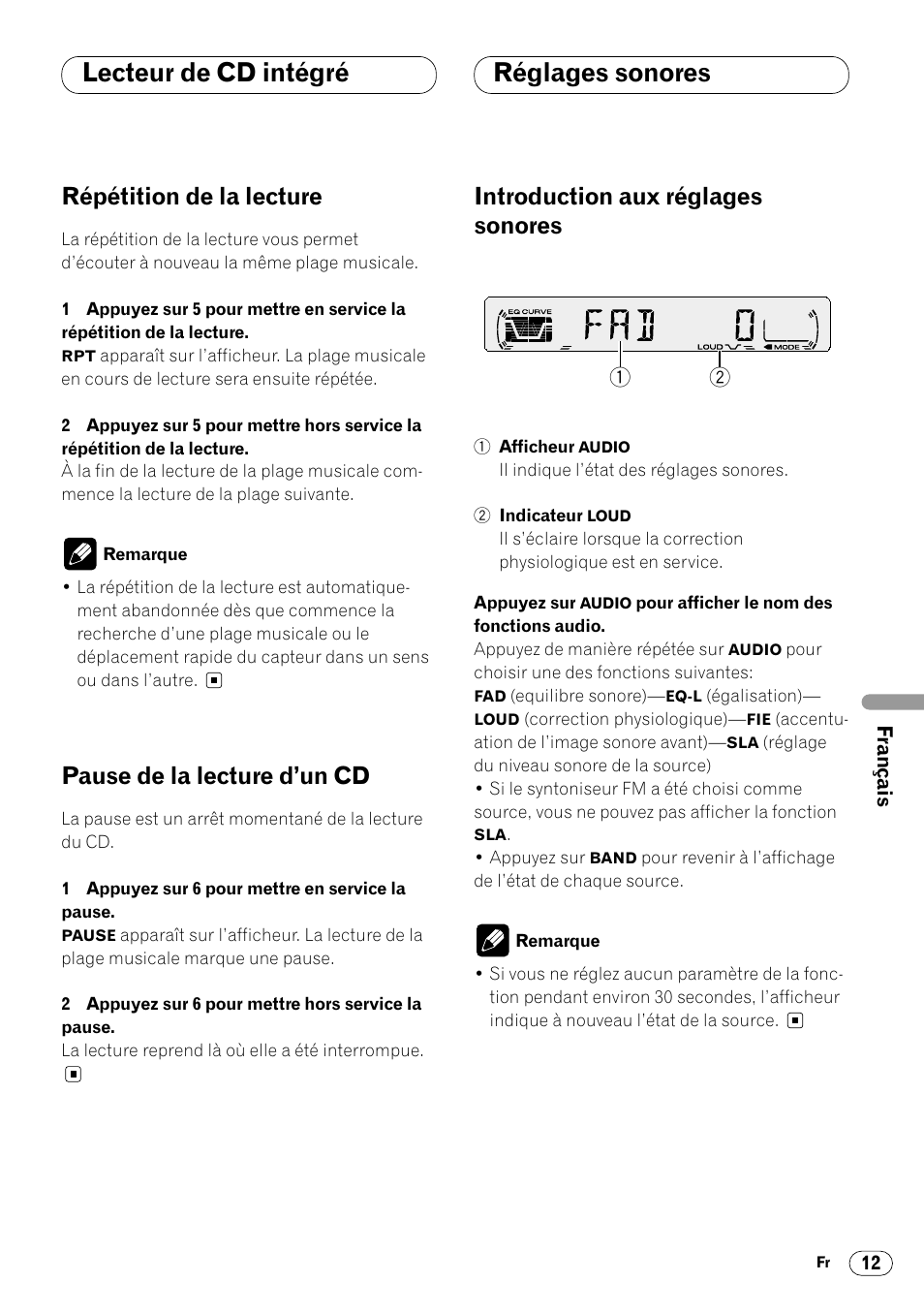 Réglages sonores, Introduction aux réglages sonores 12, Lecteur de cd intégré réglages sonores | Répétition de la lecture, Pause de la lecture d’un cd, Introduction aux réglages sonores | Pioneer DEH-1400RB User Manual | Page 67 / 112