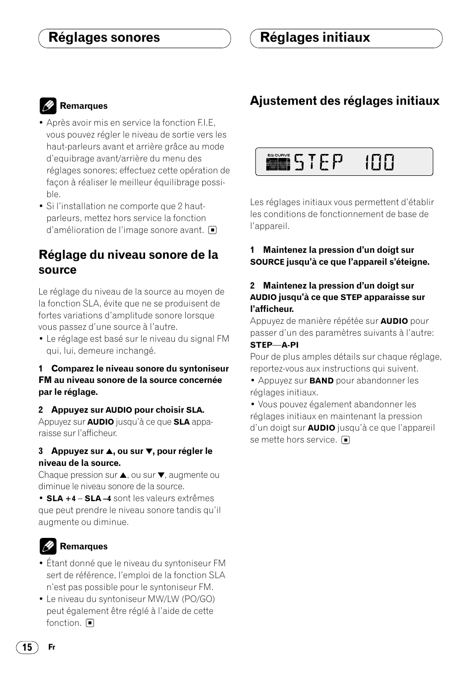 Réglage du niveau sonore de la source 15, Réglages initiaux, Ajustement des réglages initiaux 15 | Réglages sonores, Réglage du niveau sonore de la source, Ajustement des réglages initiaux | Pioneer DEH-1400RB User Manual | Page 70 / 112