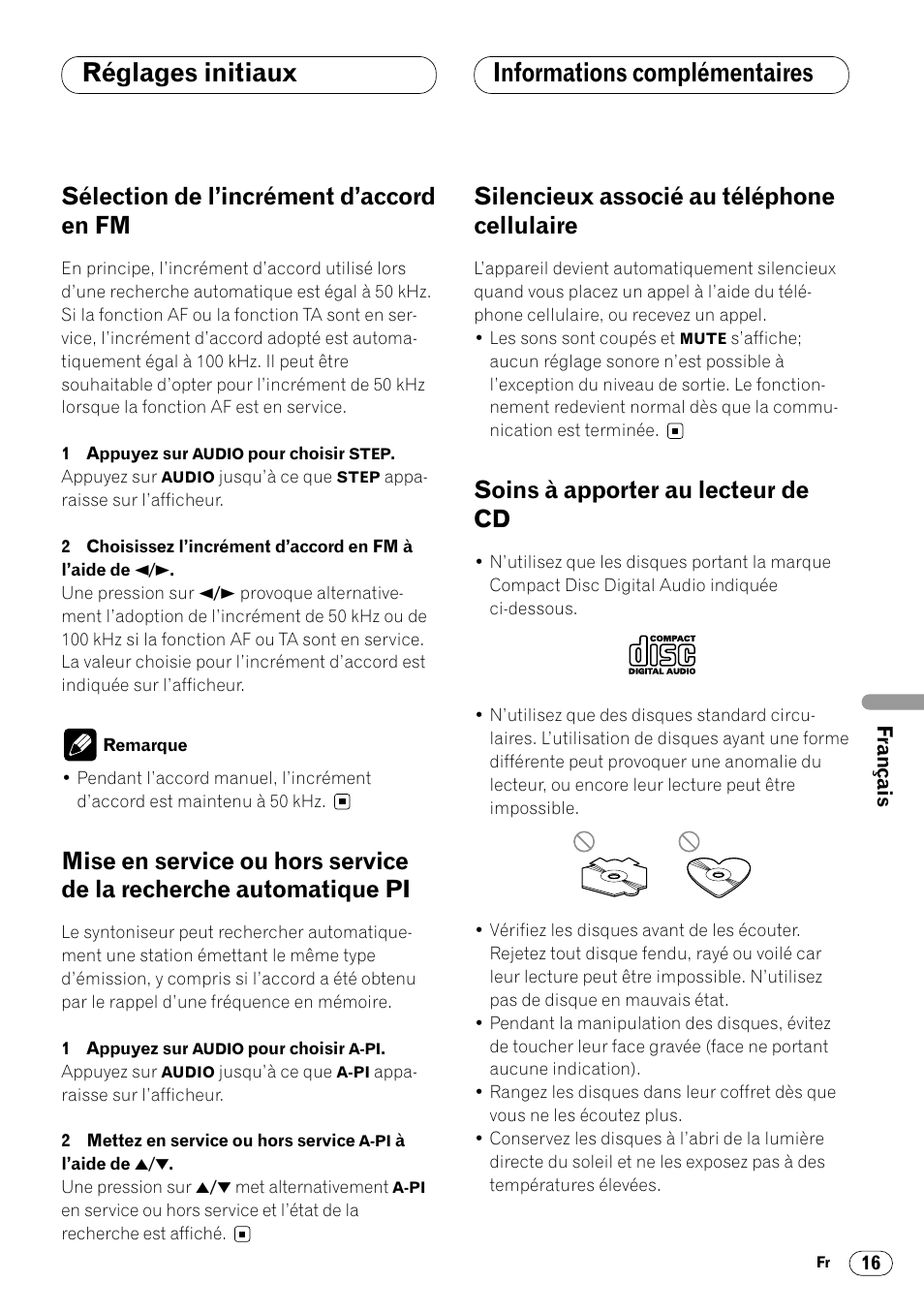 Recherche automatique pi 16, Informations complémentaires, Silencieux associé au téléphone | Cellulaire 16, Soins à apporter au lecteur de cd 16, Réglages initiaux informations complémentaires, Sélection de l’incrément d’accord en fm, Silencieux associé au téléphone cellulaire, Soins à apporter au lecteur de cd | Pioneer DEH-1400RB User Manual | Page 71 / 112