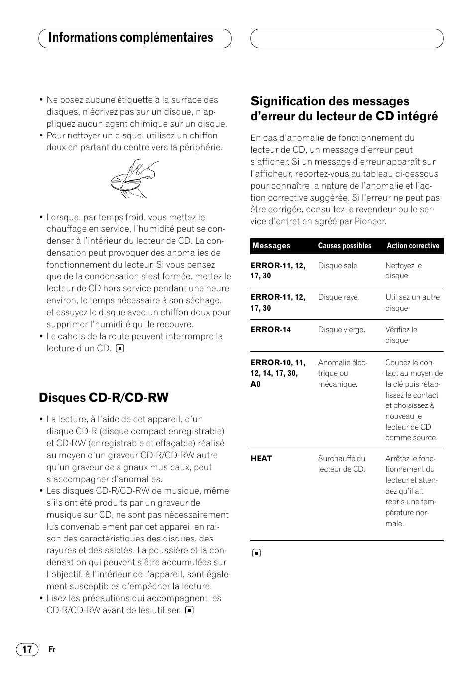 Lecteur de cd intégré 17, Informations complémentaires, Disques cd-r/cd-rw | Pioneer DEH-1400RB User Manual | Page 72 / 112
