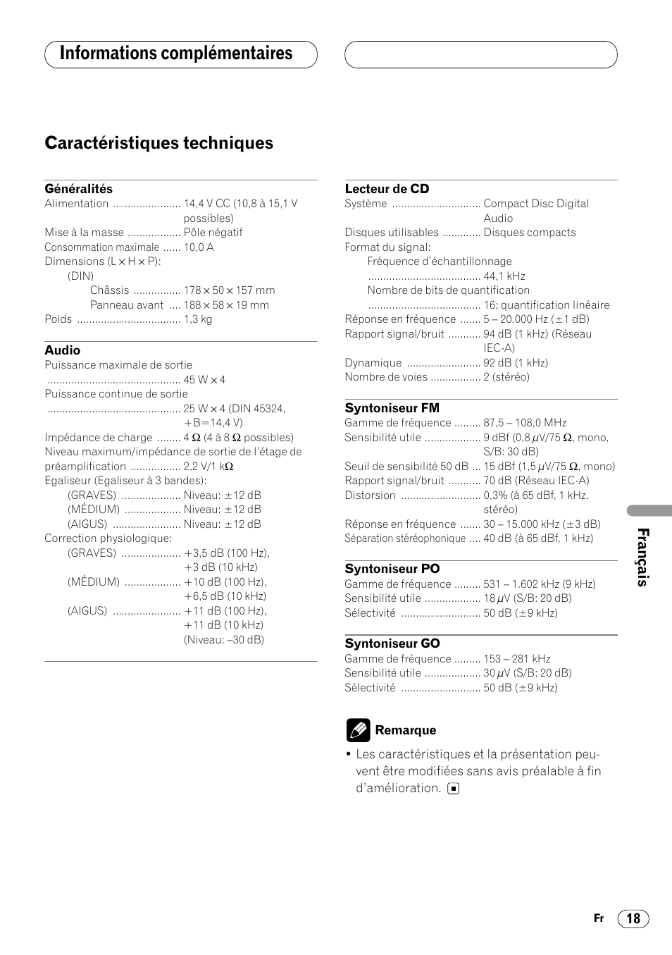 Caractéristiques techniques 18, Informations complémentaires, Caractéristiques techniques | Pioneer DEH-1400RB User Manual | Page 73 / 112