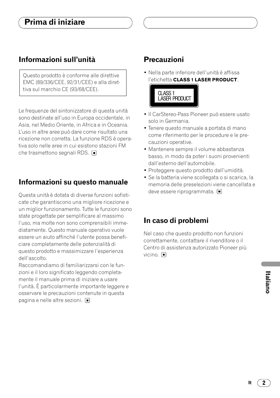 Prima di iniziare, Informazioni sull’unità, Informazioni su questo manuale | Precauzioni | Pioneer DEH-1400RB User Manual | Page 75 / 112