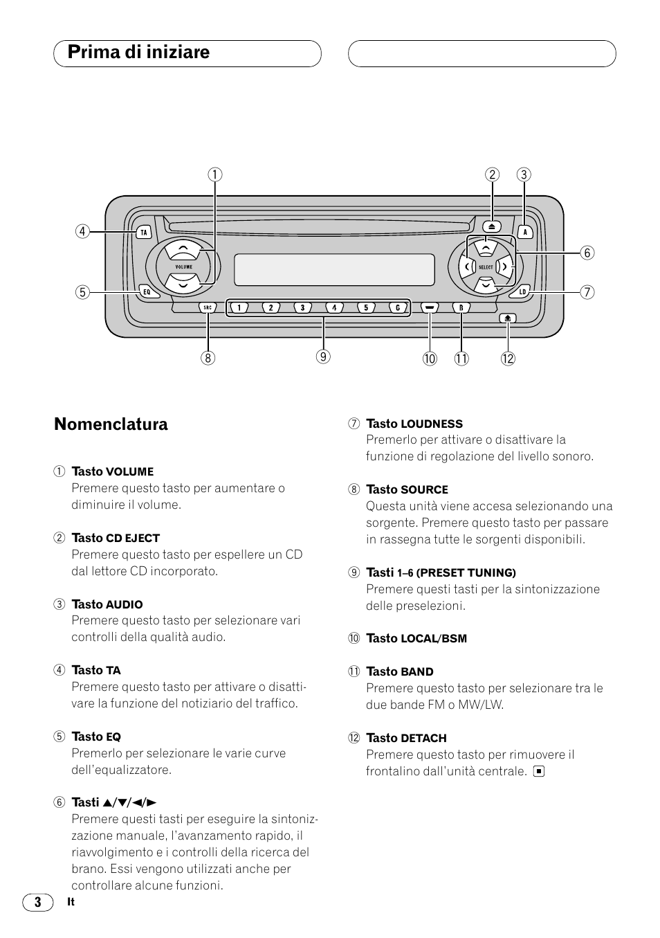 Nomenclatura 3, Prima di iniziare, Nomenclatura | Pioneer DEH-1400RB User Manual | Page 76 / 112