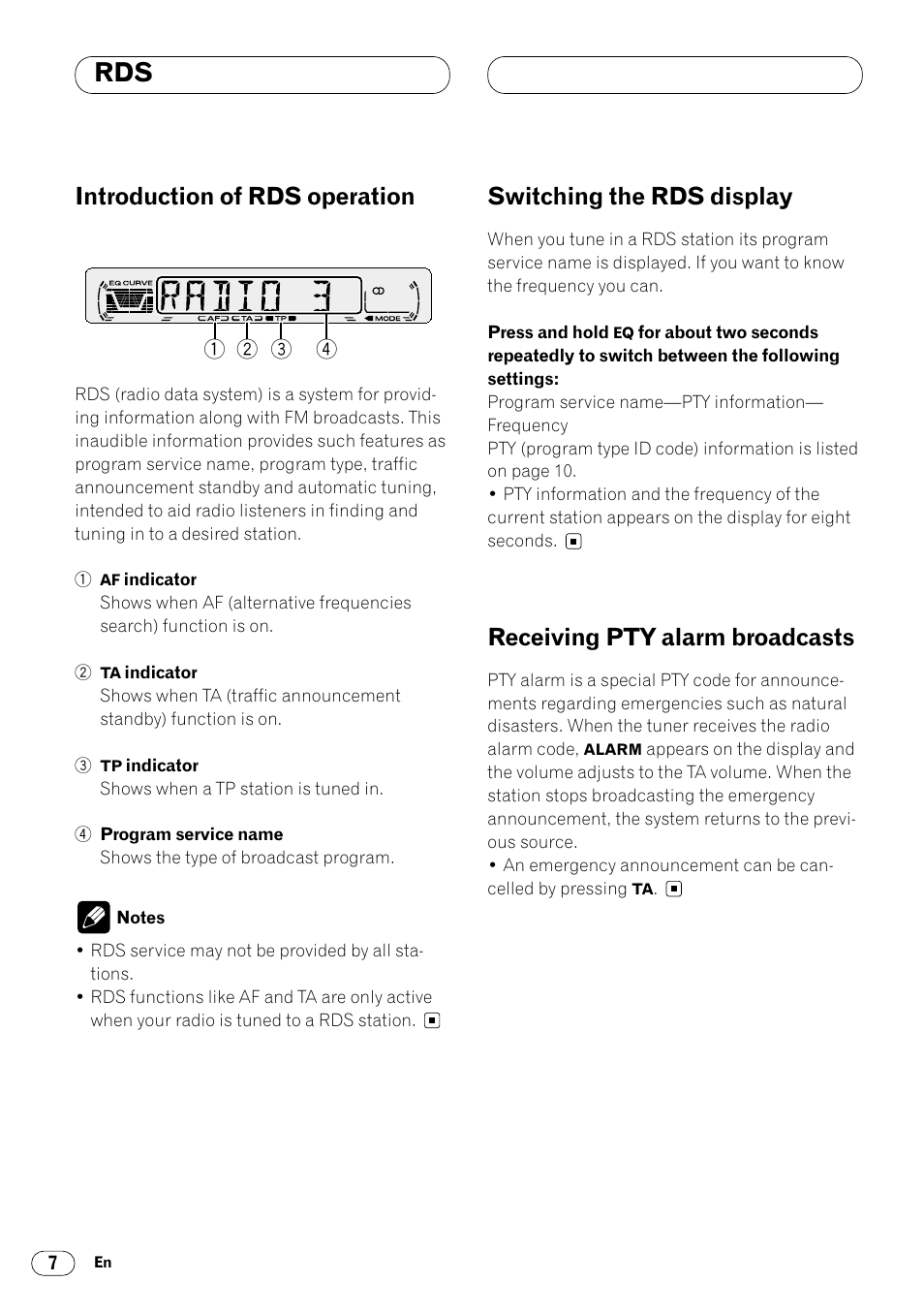 Introduction of rds operation, Switching the rds display, Receiving pty alarm broadcasts | Pioneer DEH-1400RB User Manual | Page 8 / 112