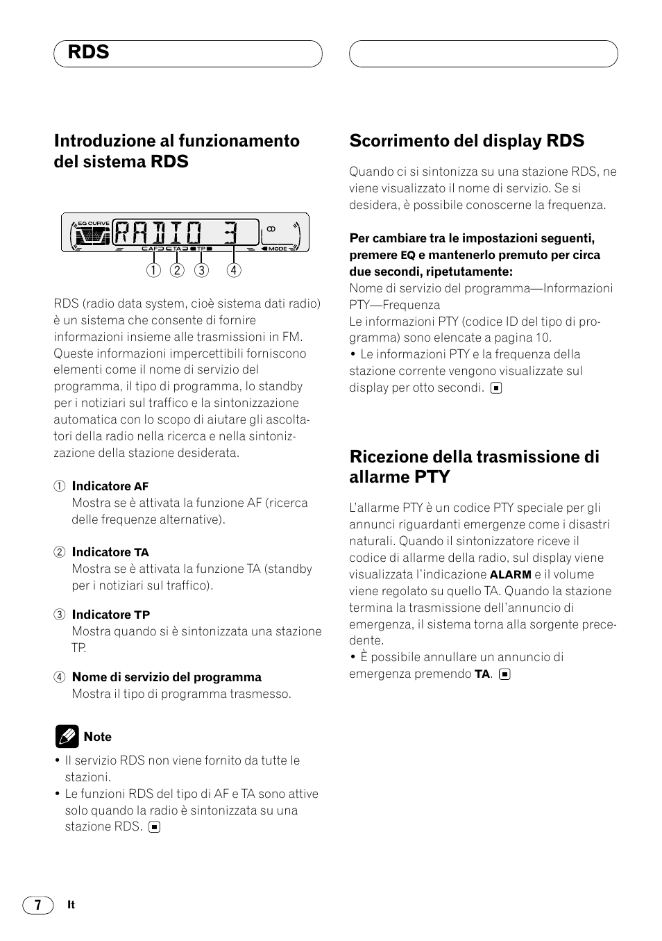 Introduzione al funzionamento del, Sistema rds 7, Pty 7 | Introduzione al funzionamento del sistema rds, Scorrimento del display rds, Ricezione della trasmissione di allarme pty | Pioneer DEH-1400RB User Manual | Page 80 / 112