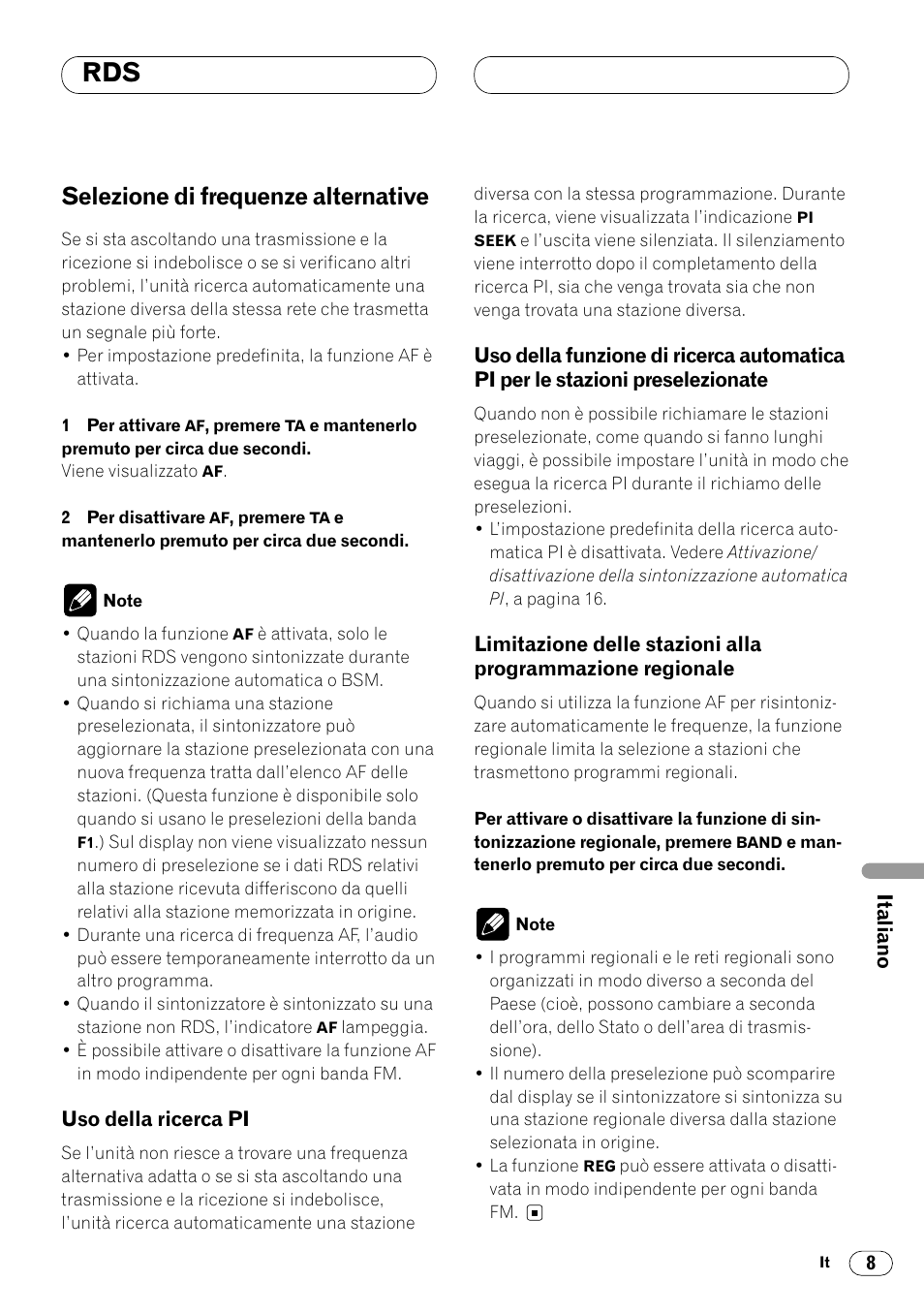 Selezione di frequenze alternative 8, Pi per le stazioni preselezionate 8, Limitazione delle stazioni alla | Programmazione regionale 8, Selezione di frequenze alternative | Pioneer DEH-1400RB User Manual | Page 81 / 112