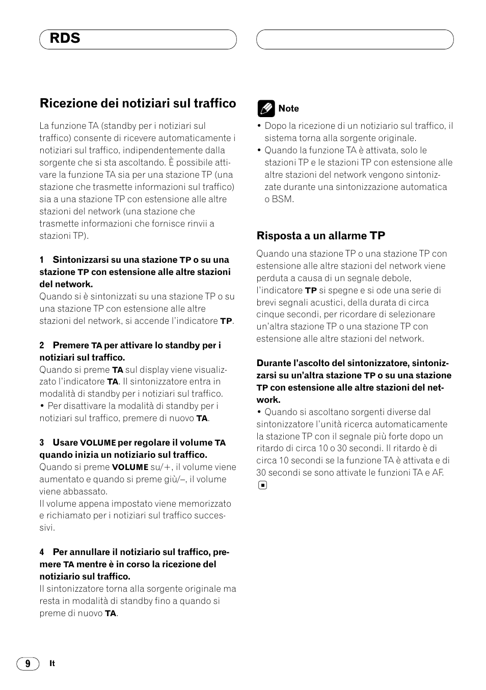 Ricezione dei notiziari sul traffico 9, Risposta a un allarme tp 9, Ricezione dei notiziari sul traffico | Risposta a un allarme tp | Pioneer DEH-1400RB User Manual | Page 82 / 112