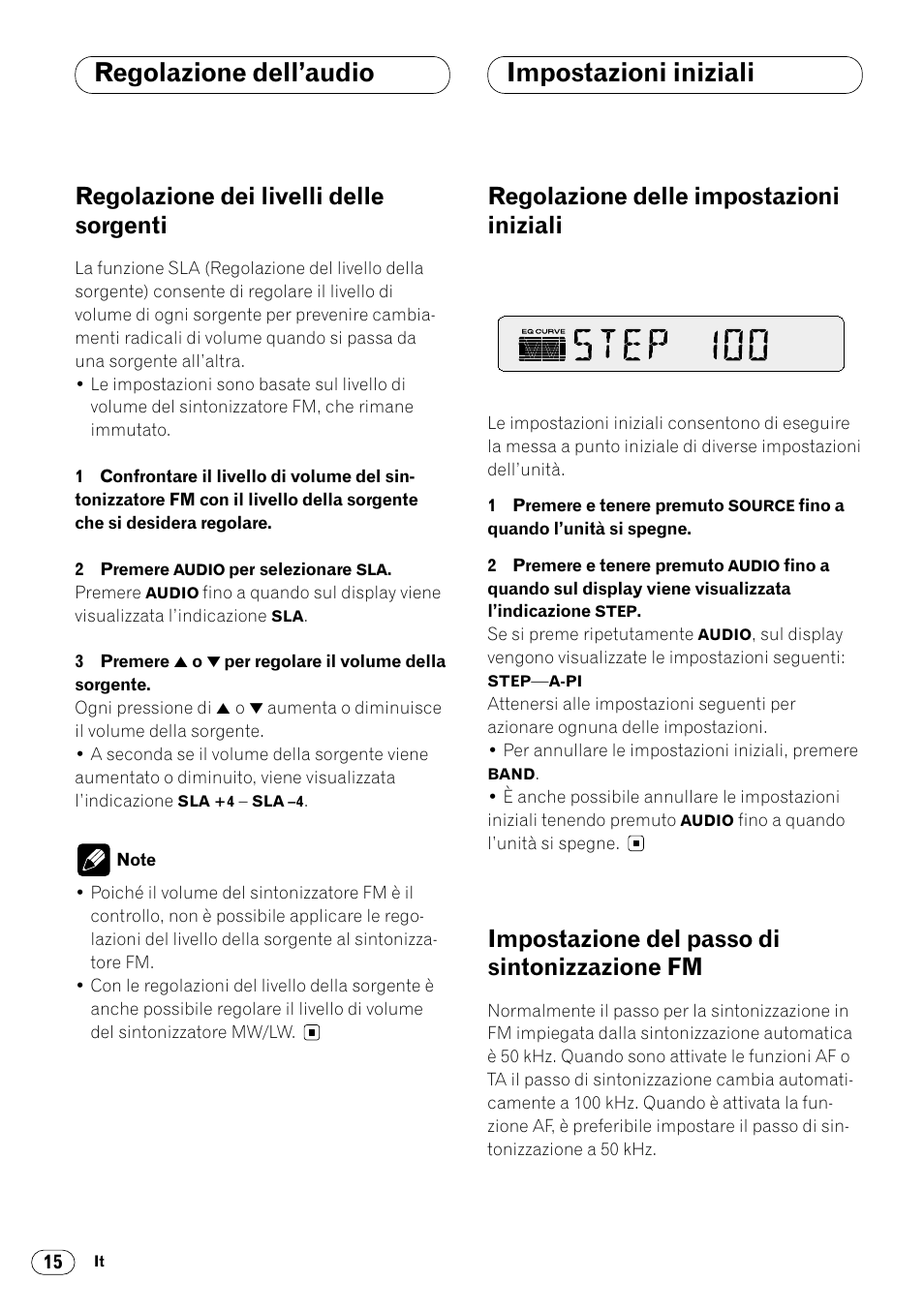 Regolazione dei livelli delle sorgenti 15, Impostazioni iniziali, Fm 15 | Regolazione dell’audio, Regolazione dei livelli delle sorgenti, Regolazione delle impostazioni iniziali, Impostazione del passo di sintonizzazione fm | Pioneer DEH-1400RB User Manual | Page 88 / 112