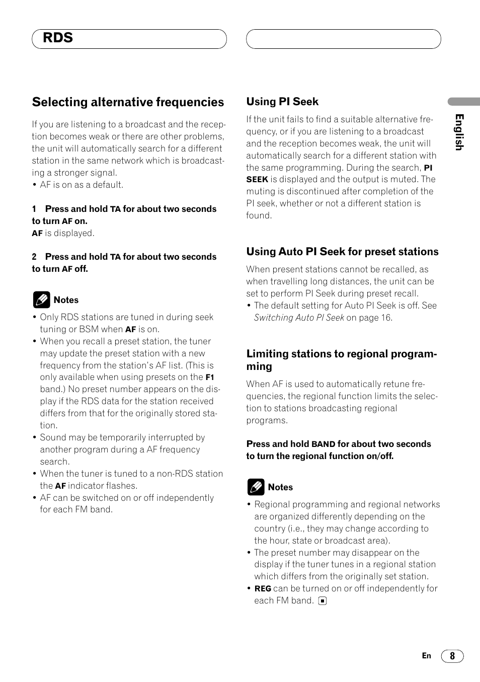 Selecting alternative frequencies 8, Using pi seek 8 • using auto pi seek for preset, Stations 8 | Limiting stations to regional program, Ming 8, Selecting alternative frequencies | Pioneer DEH-1400RB User Manual | Page 9 / 112