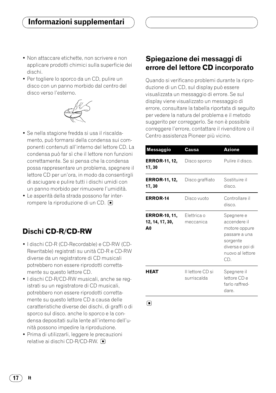 Lettore cd incorporato 17, Informazioni supplementari, Dischi cd-r/cd-rw | Pioneer DEH-1400RB User Manual | Page 90 / 112