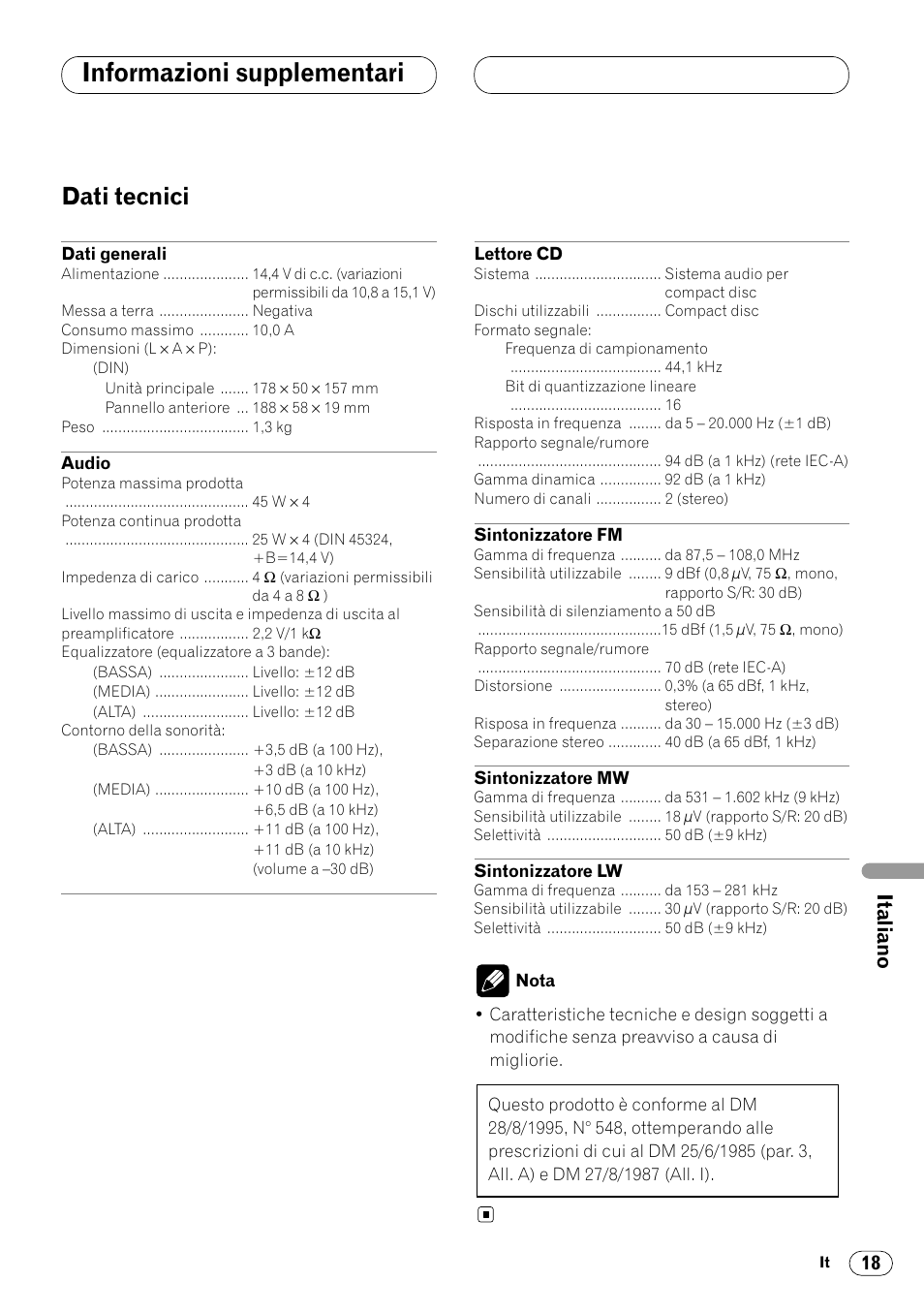 Dati tecnici 18, Informazioni supplementari, Dati tecnici | Pioneer DEH-1400RB User Manual | Page 91 / 112