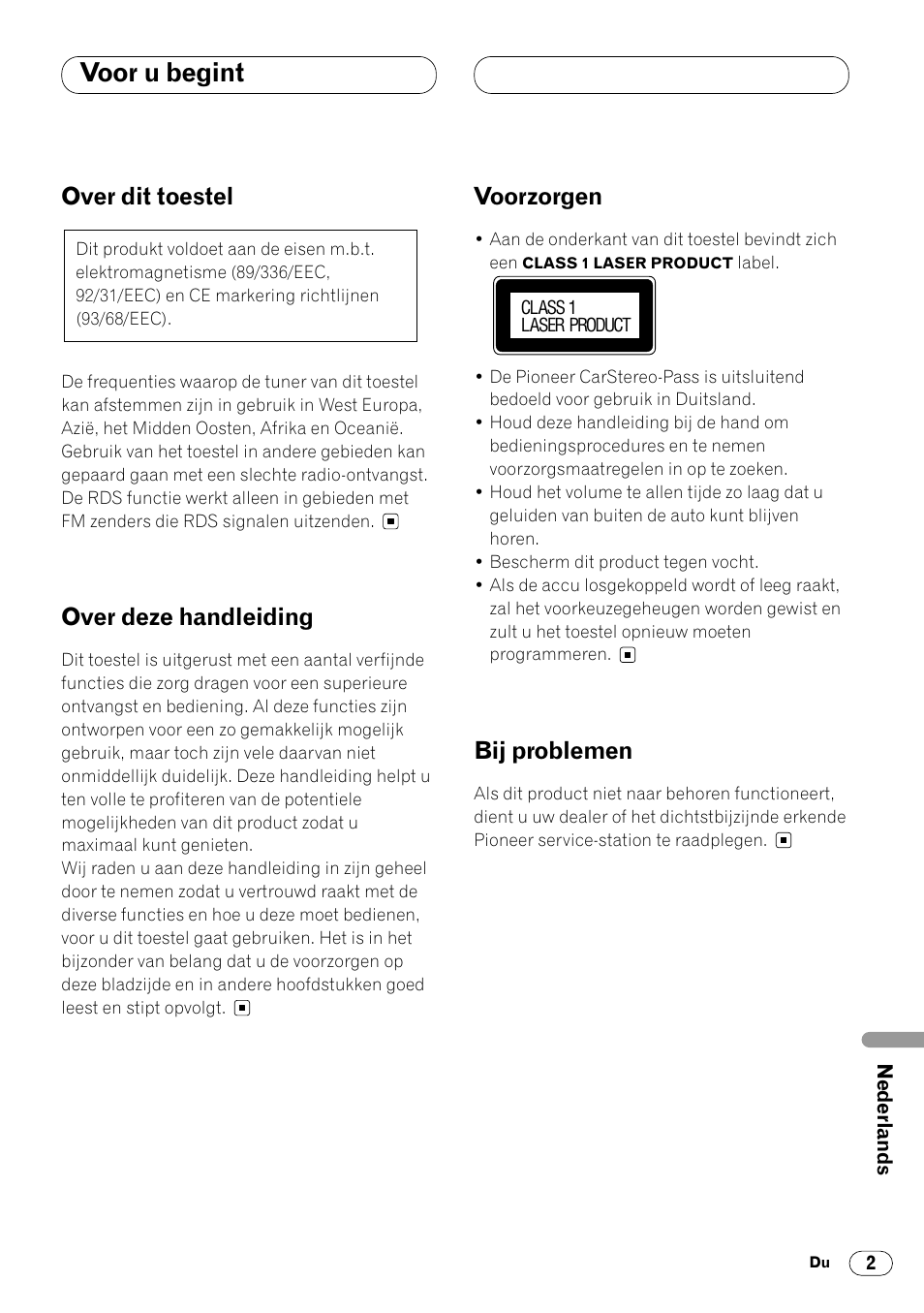 Voor u begint, Over dit toestel, Over deze handleiding | Voorzorgen, Bij problemen | Pioneer DEH-1400RB User Manual | Page 93 / 112