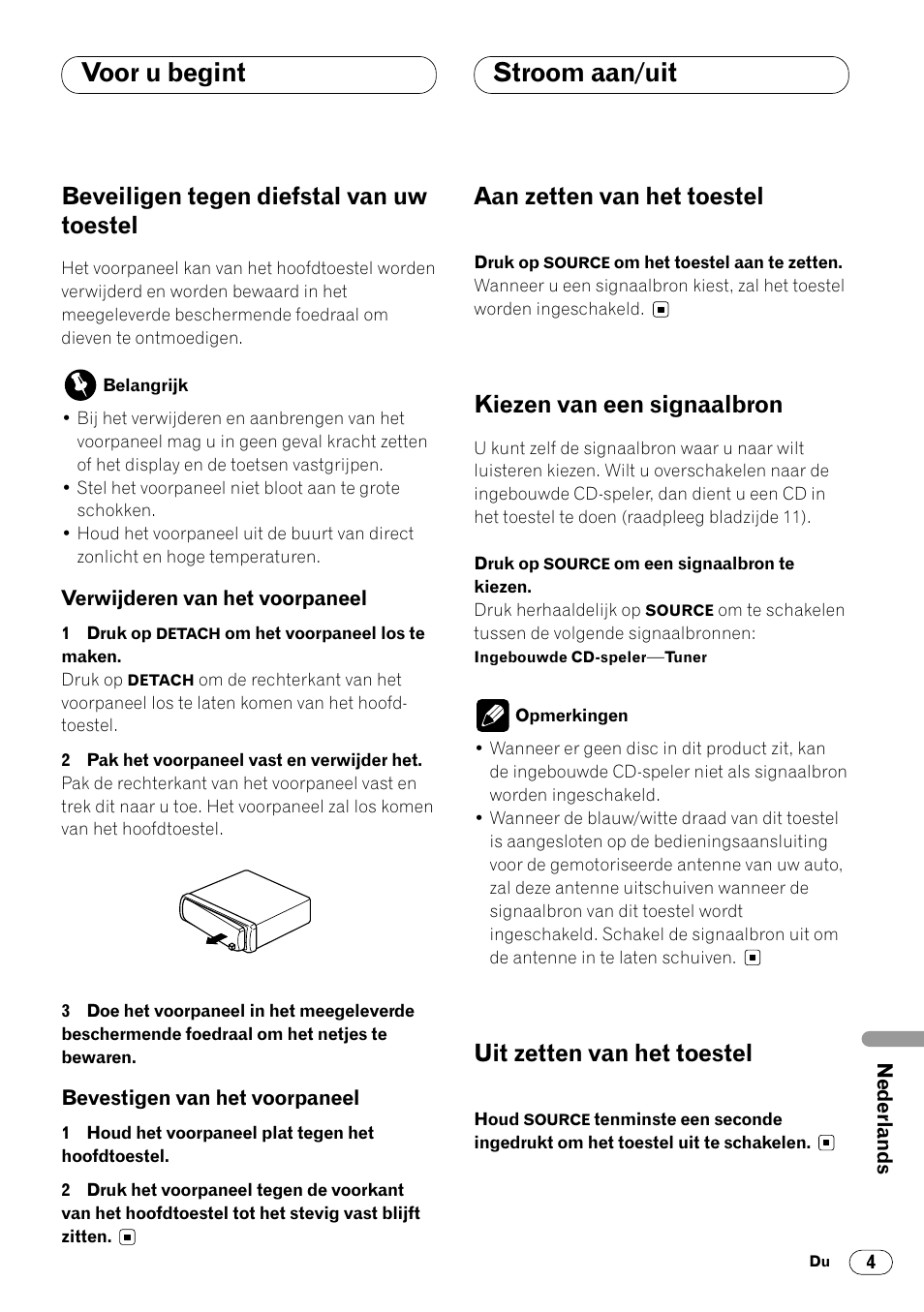 Beveiligen tegen diefstal van uw toestel 4, Stroom aan/uit, Voor u begint stroom aan/uit | Beveiligen tegen diefstal van uw toestel, Aan zetten van het toestel, Kiezen van een signaalbron, Uit zetten van het toestel | Pioneer DEH-1400RB User Manual | Page 95 / 112