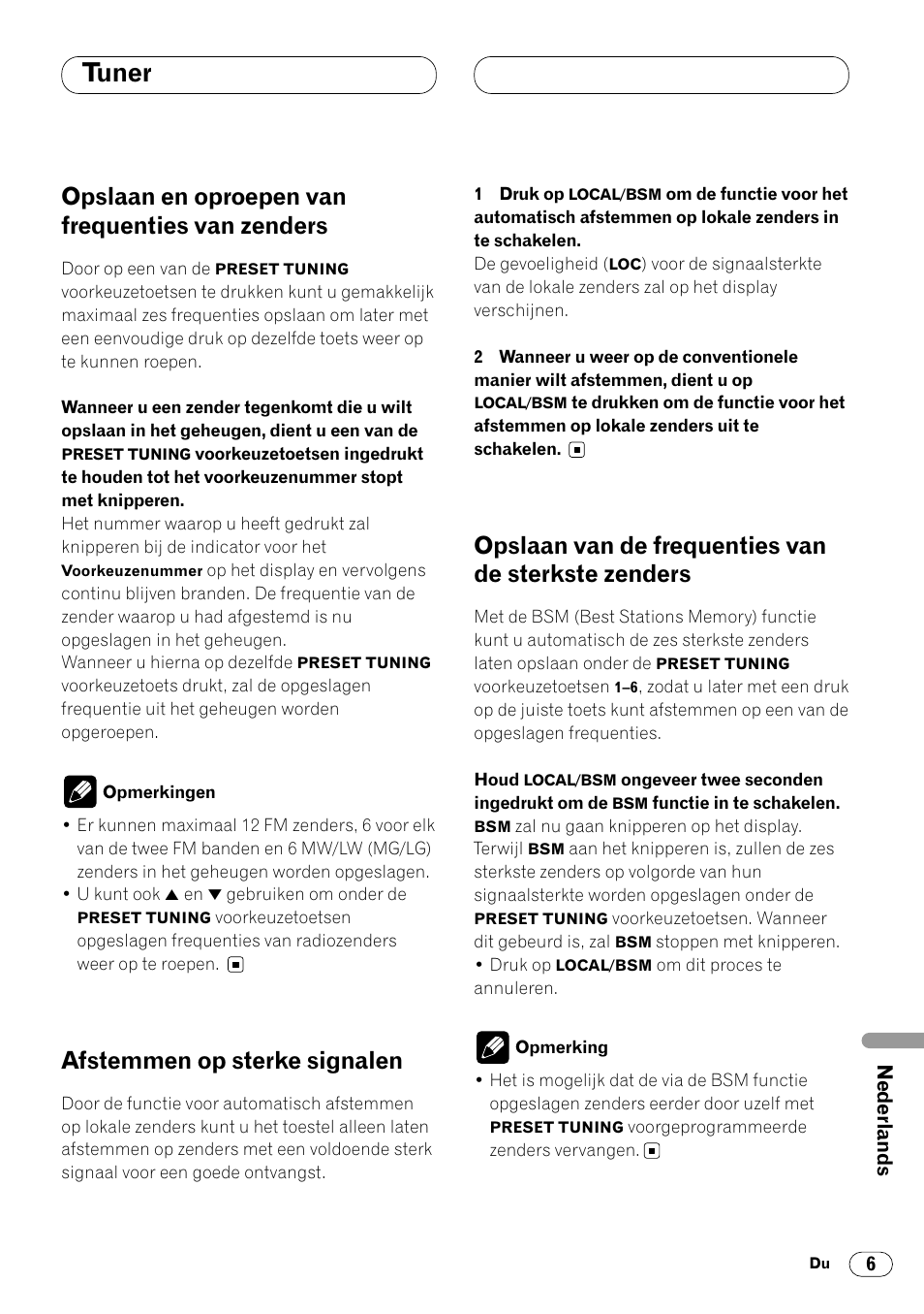 Opslaan en oproepen van frequenties van, Zenders 6, Tuner | Opslaan en oproepen van frequenties van zenders, Afstemmen op sterke signalen, Opslaan van de frequenties van de sterkste zenders | Pioneer DEH-1400RB User Manual | Page 97 / 112