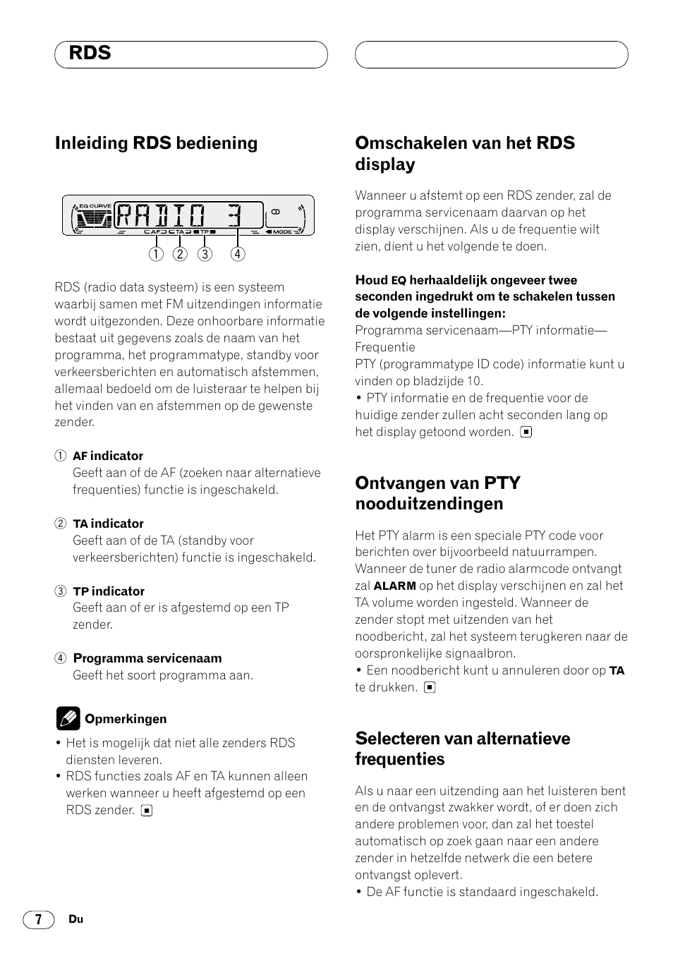 Inleiding rds bediening, Omschakelen van het rds display, Ontvangen van pty nooduitzendingen | Selecteren van alternatieve frequenties | Pioneer DEH-1400RB User Manual | Page 98 / 112