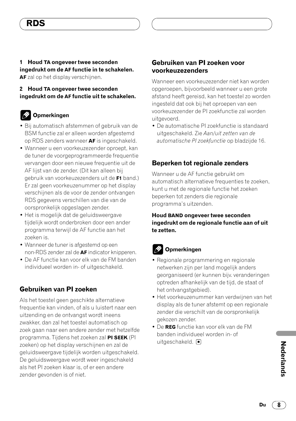 Voorkeuzezenders 8, Beperken tot regionale zenders 8 | Pioneer DEH-1400RB User Manual | Page 99 / 112