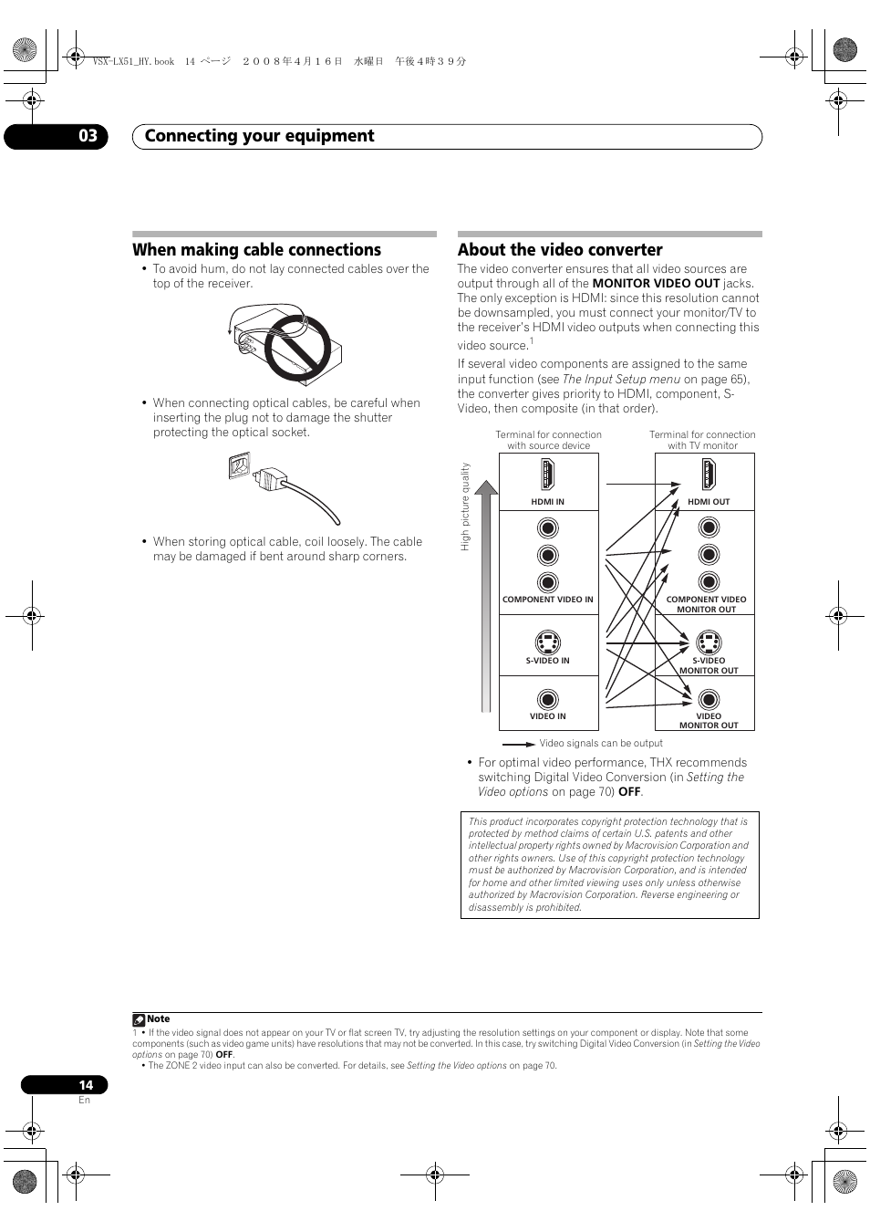 Connecting your equipment 03, When making cable connections, About the video converter | Pioneer VSX-LX51 User Manual | Page 14 / 96