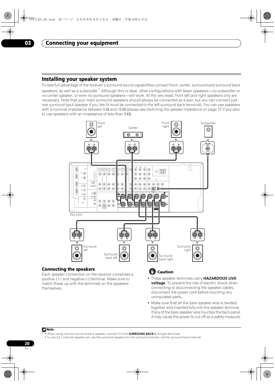 Installing your speaker system, Connecting the speakers, Connecting your equipment 03 | Pioneer VSX-LX51 User Manual | Page 20 / 96