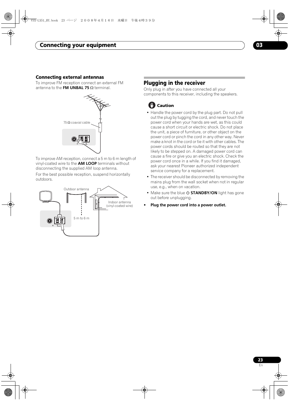 Connecting external antennas, Plugging in the receiver, Connecting your equipment 03 | Pioneer VSX-LX51 User Manual | Page 23 / 96