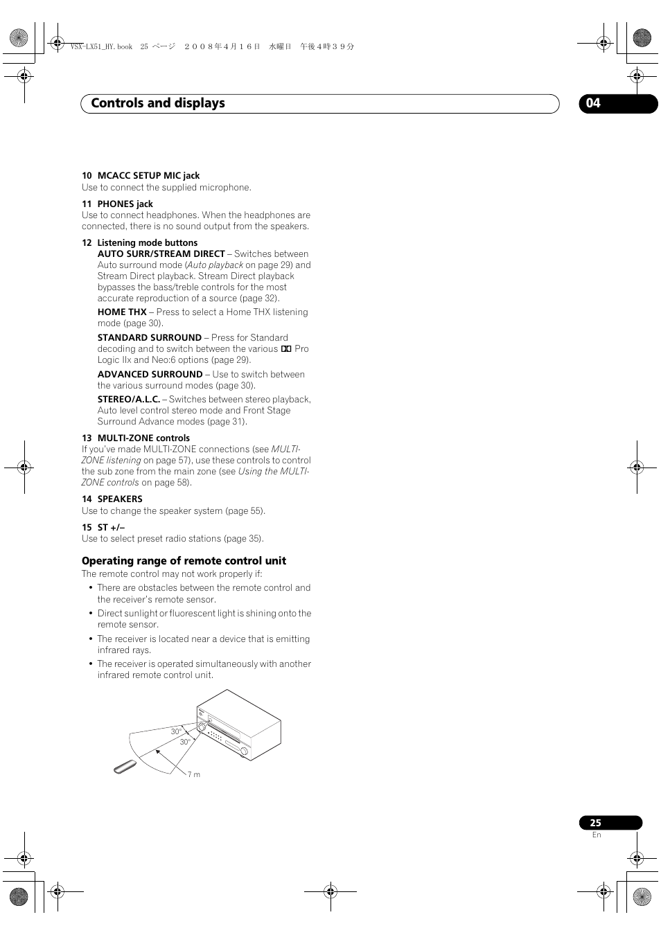 Operating range of remote control unit, Controls and displays 04 | Pioneer VSX-LX51 User Manual | Page 25 / 96