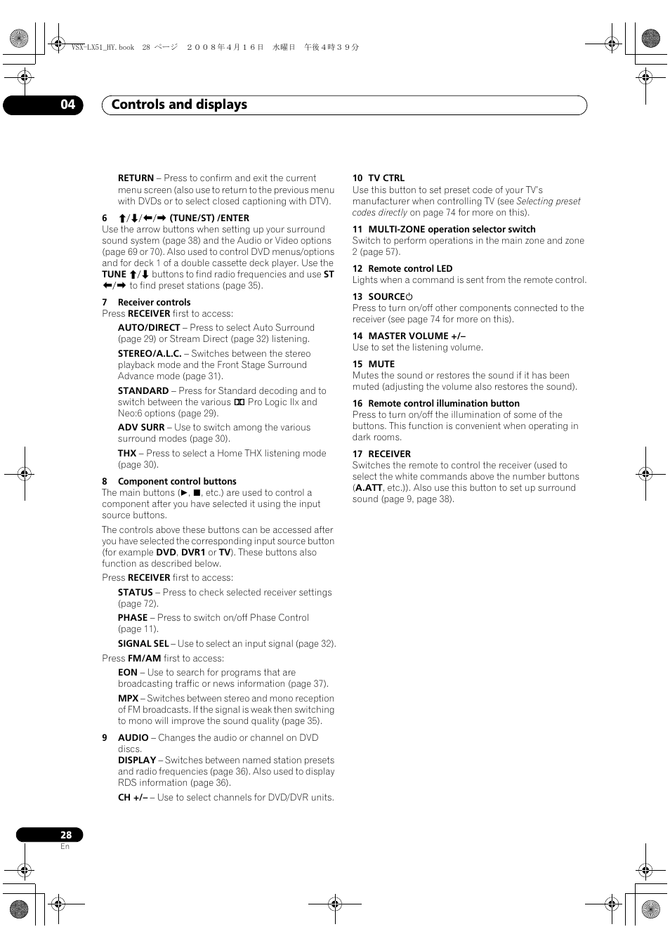 Controls and displays 04 | Pioneer VSX-LX51 User Manual | Page 28 / 96