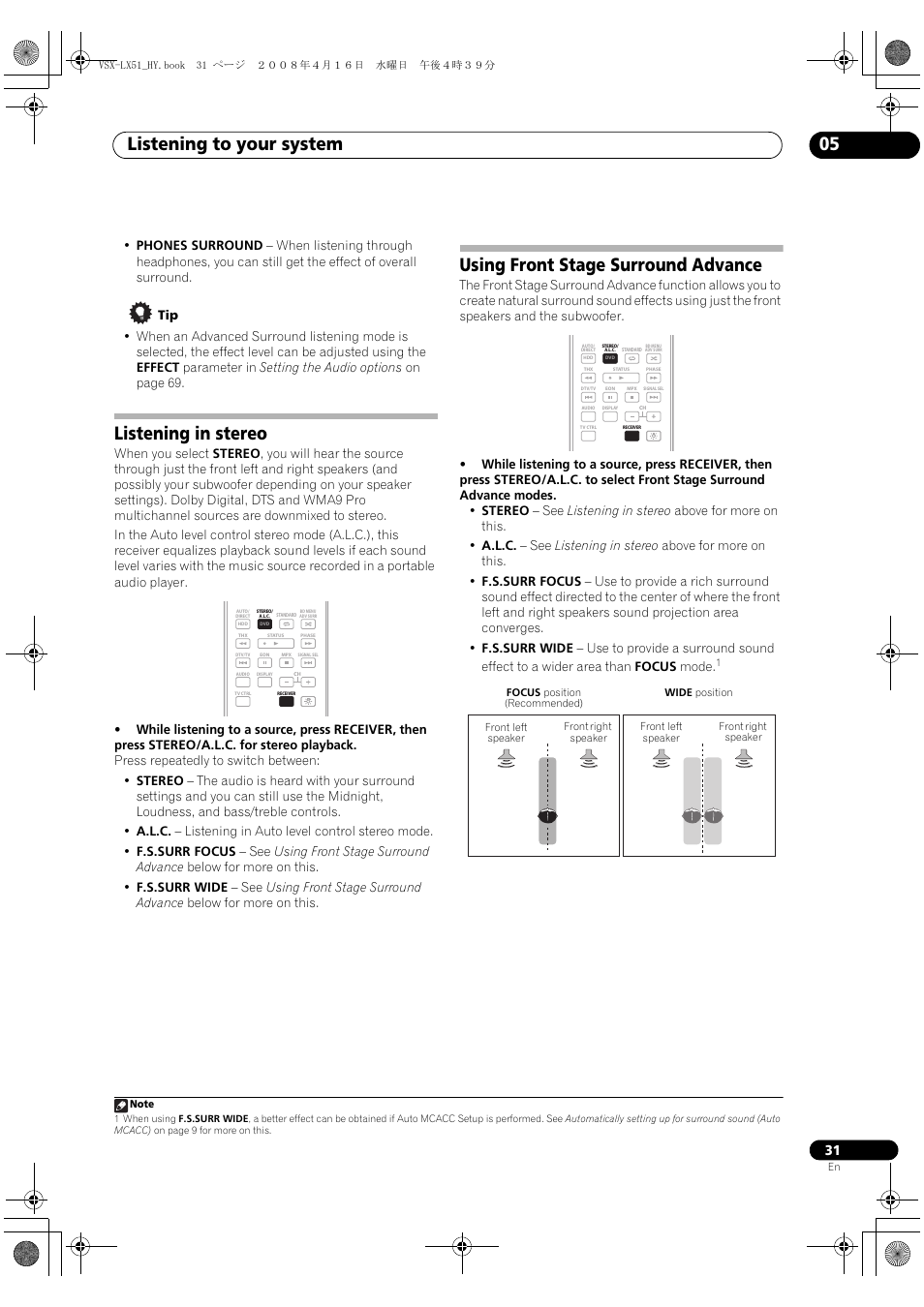 Listening to your system 05, Listening in stereo, Using front stage surround advance | Pioneer VSX-LX51 User Manual | Page 31 / 96