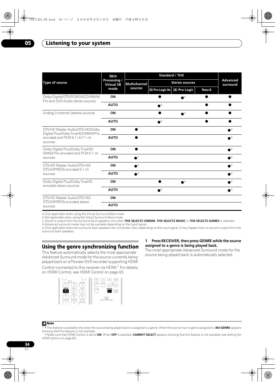 Using the genre synchronizing function, Listening to your system 05 | Pioneer VSX-LX51 User Manual | Page 34 / 96