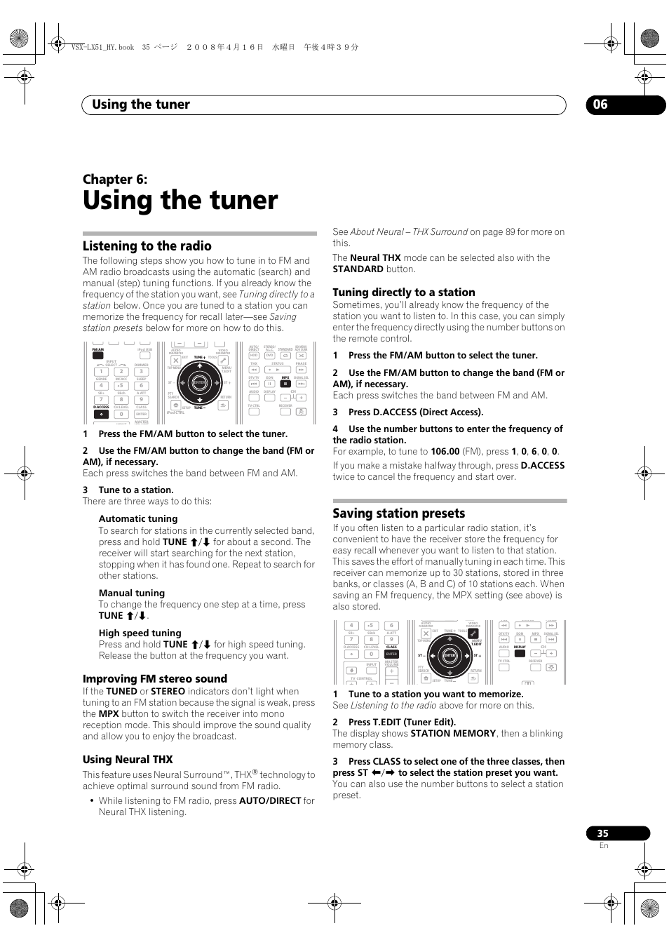 Listening to the radio, Saving station presets, Using the tuner | Using the tuner 06, Chapter 6, Improving fm stereo sound, Using neural thx, Tuning directly to a station, This feature uses neural surround™, thx | Pioneer VSX-LX51 User Manual | Page 35 / 96